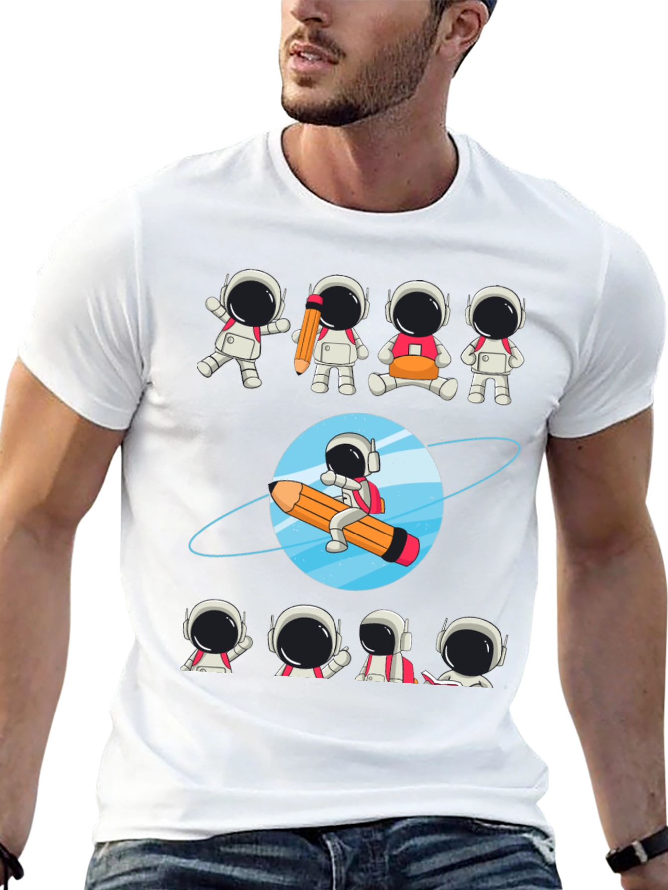 Black Astronaut Pencil Planet T-Shirt - Creative Space Design view 13
