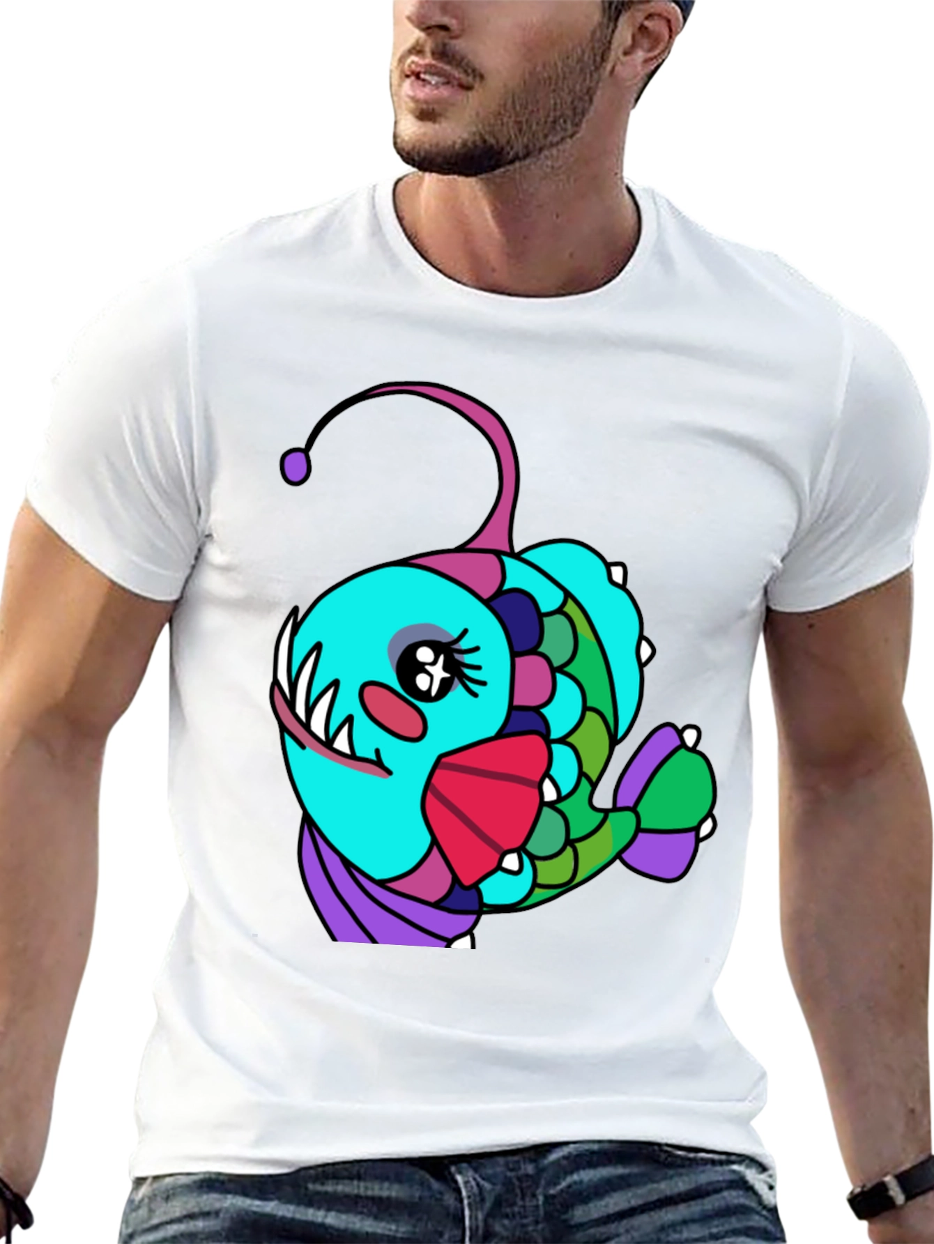 Black Anglerfish Cartoon T-Shirt - Unique Graphic Tee view 13