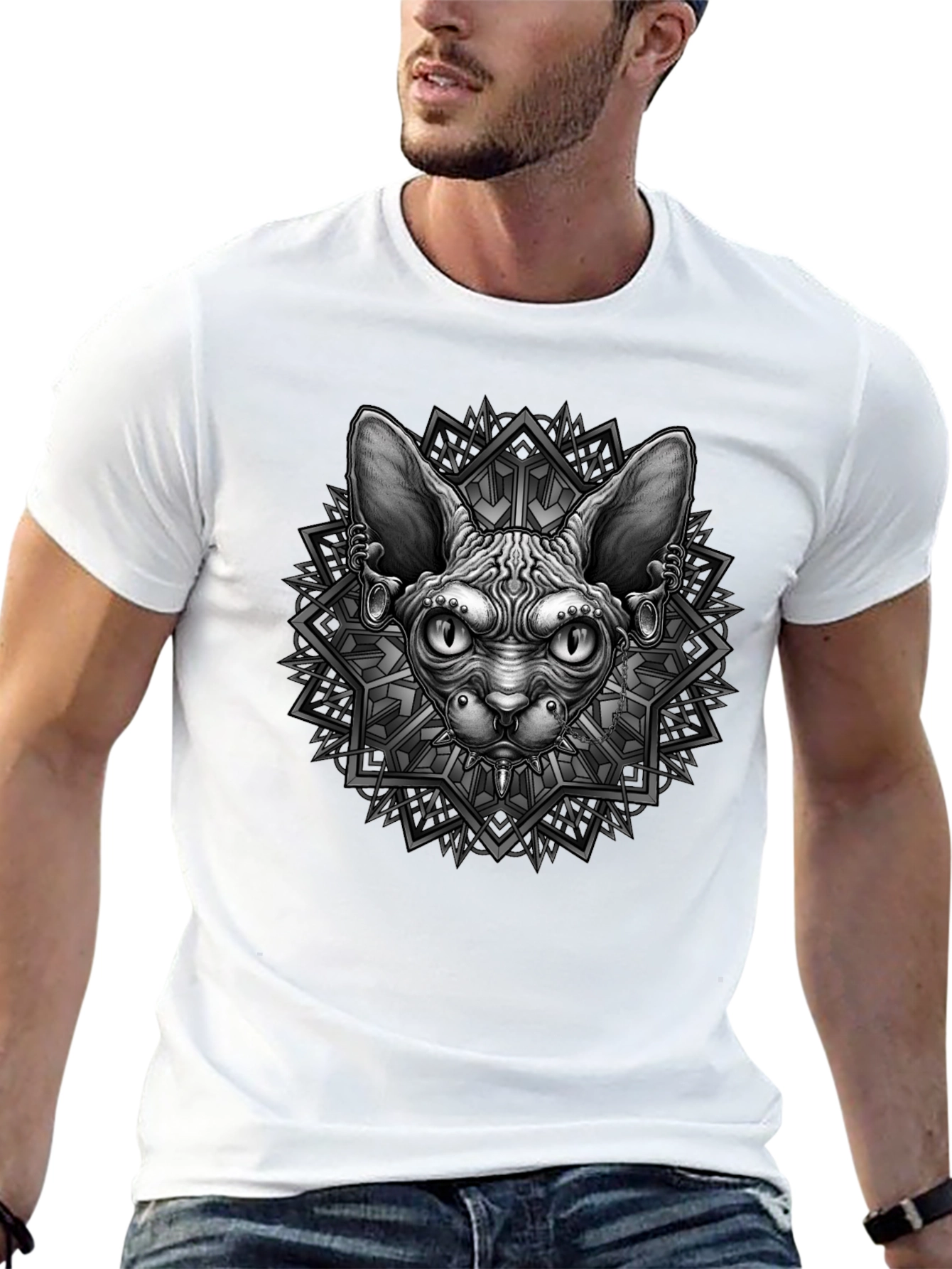 Black Sphynx Cat Graphic Tee - Unique Geometric Design view 13