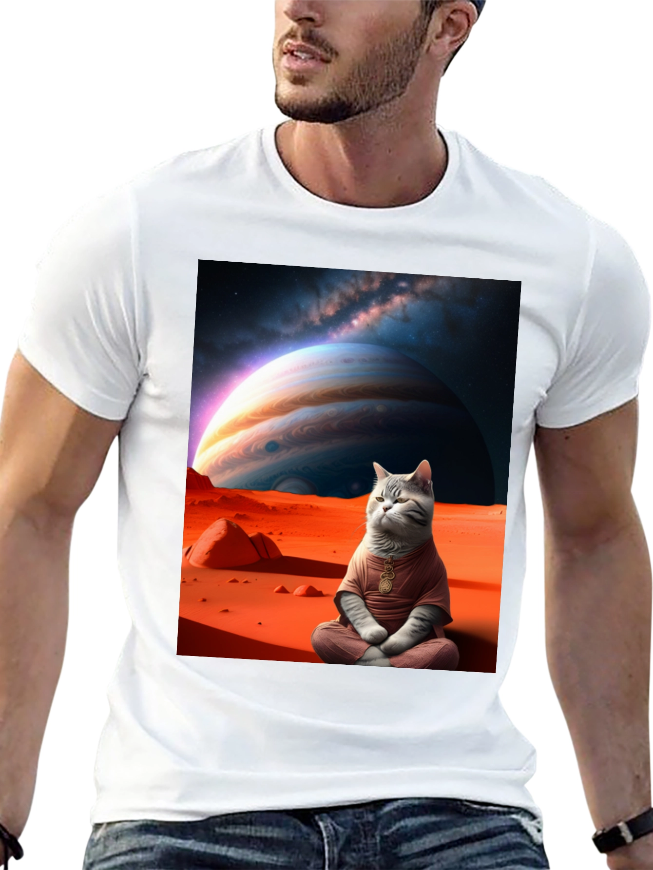 Black Zen Cat in Space Graphic Tee view 13
