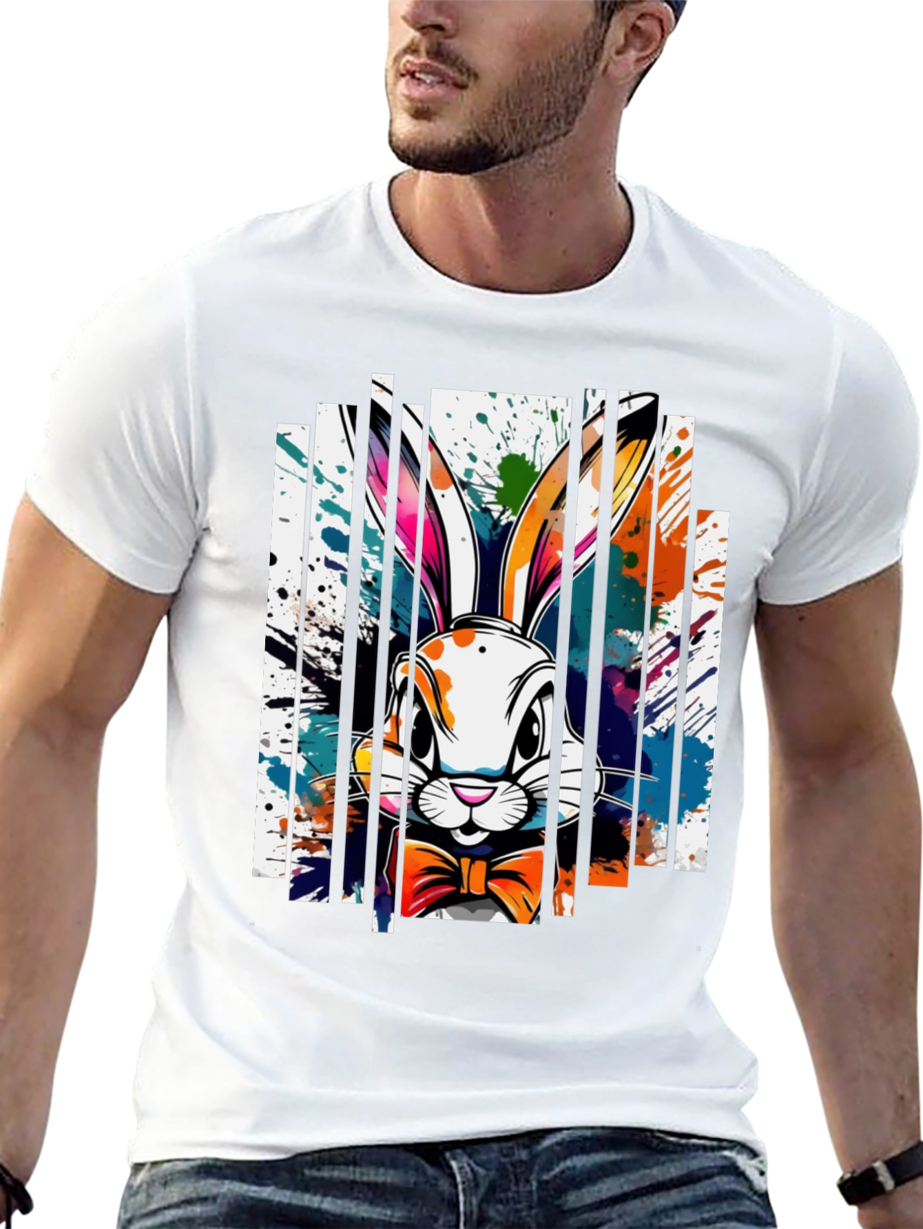 Black Stylish Rabbit Graphic Tee - Unique Colorful Design view 13