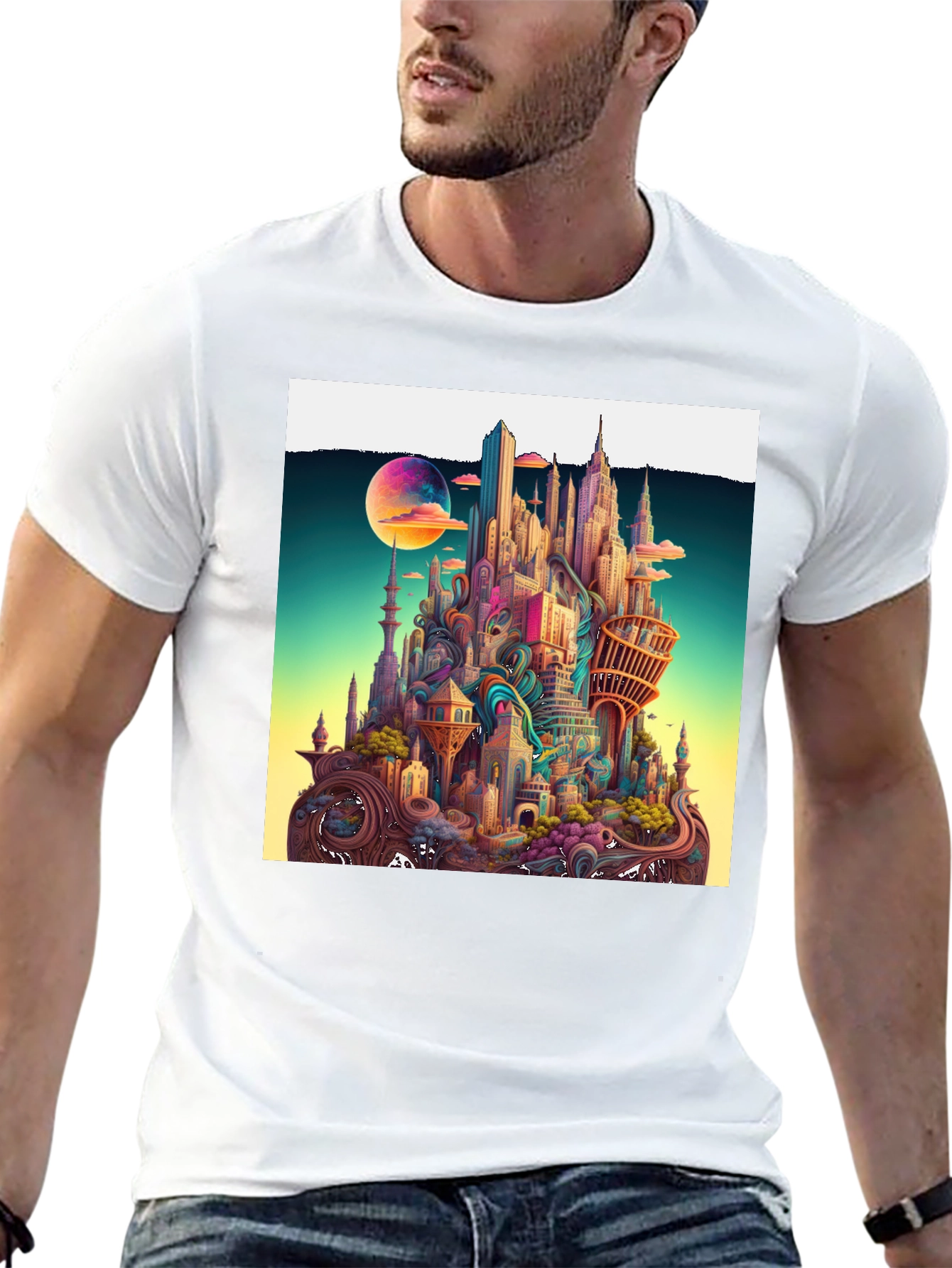 Black Whimsical Cityscape Graphic Tee - Unique Urban Fantasy Design view 13