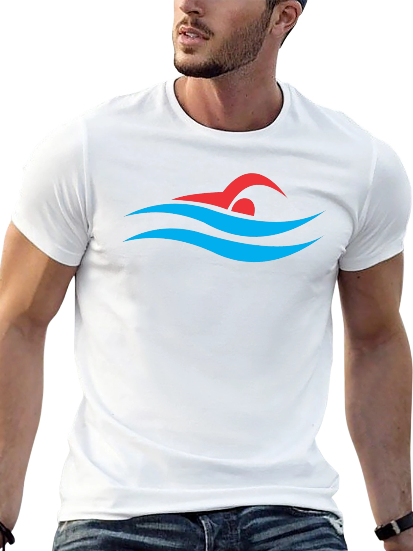 Swimmer Graphic Tee - Swim Cap and Waves Design - 13