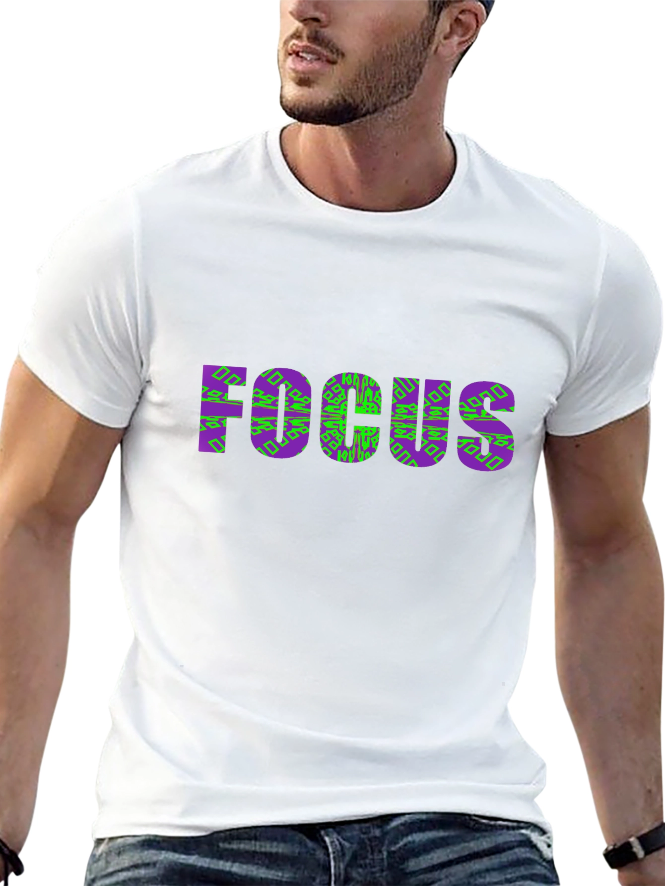 Black Focus Graphic Tee - Stylish Purple & Green Design view 13