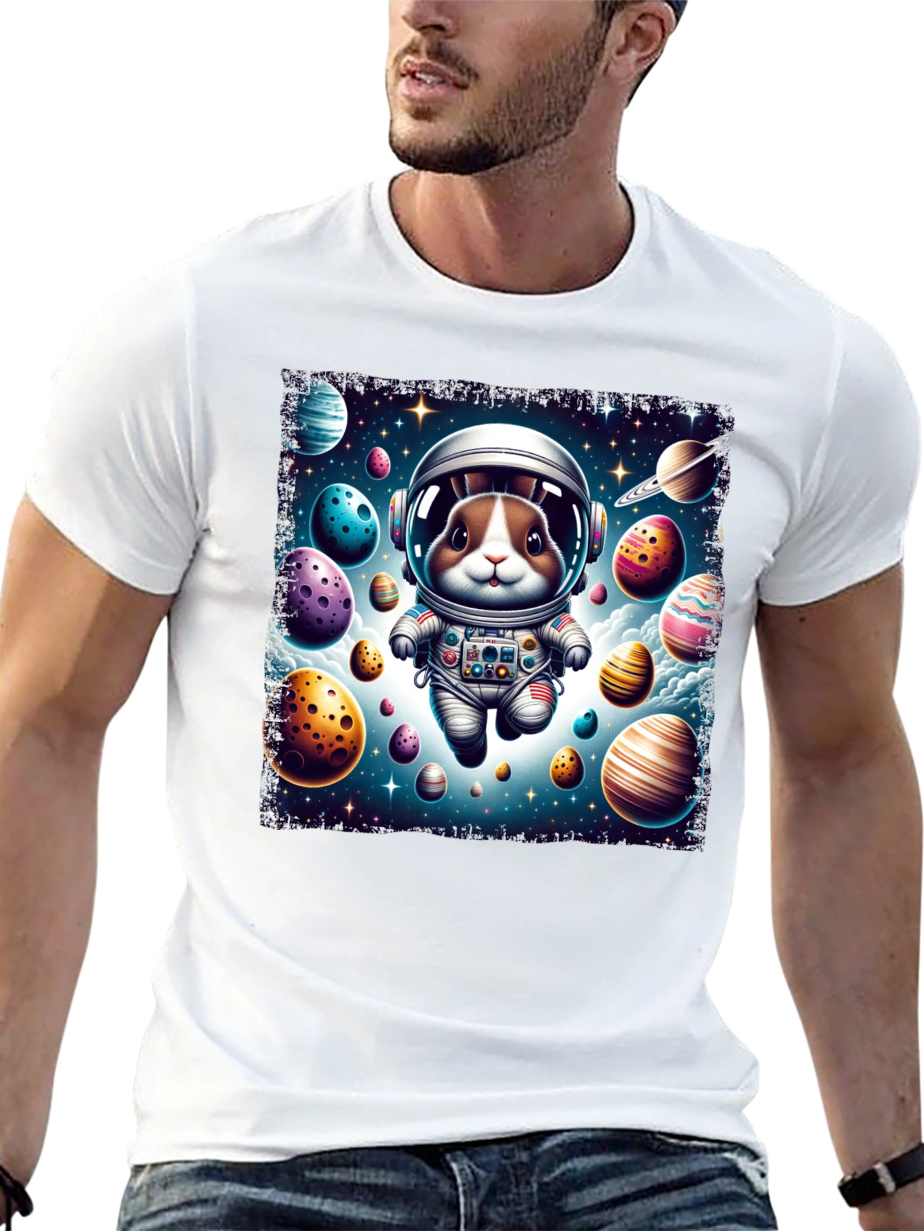 Black Space Bunny Easter Egg Universe Graphic Tee view 13