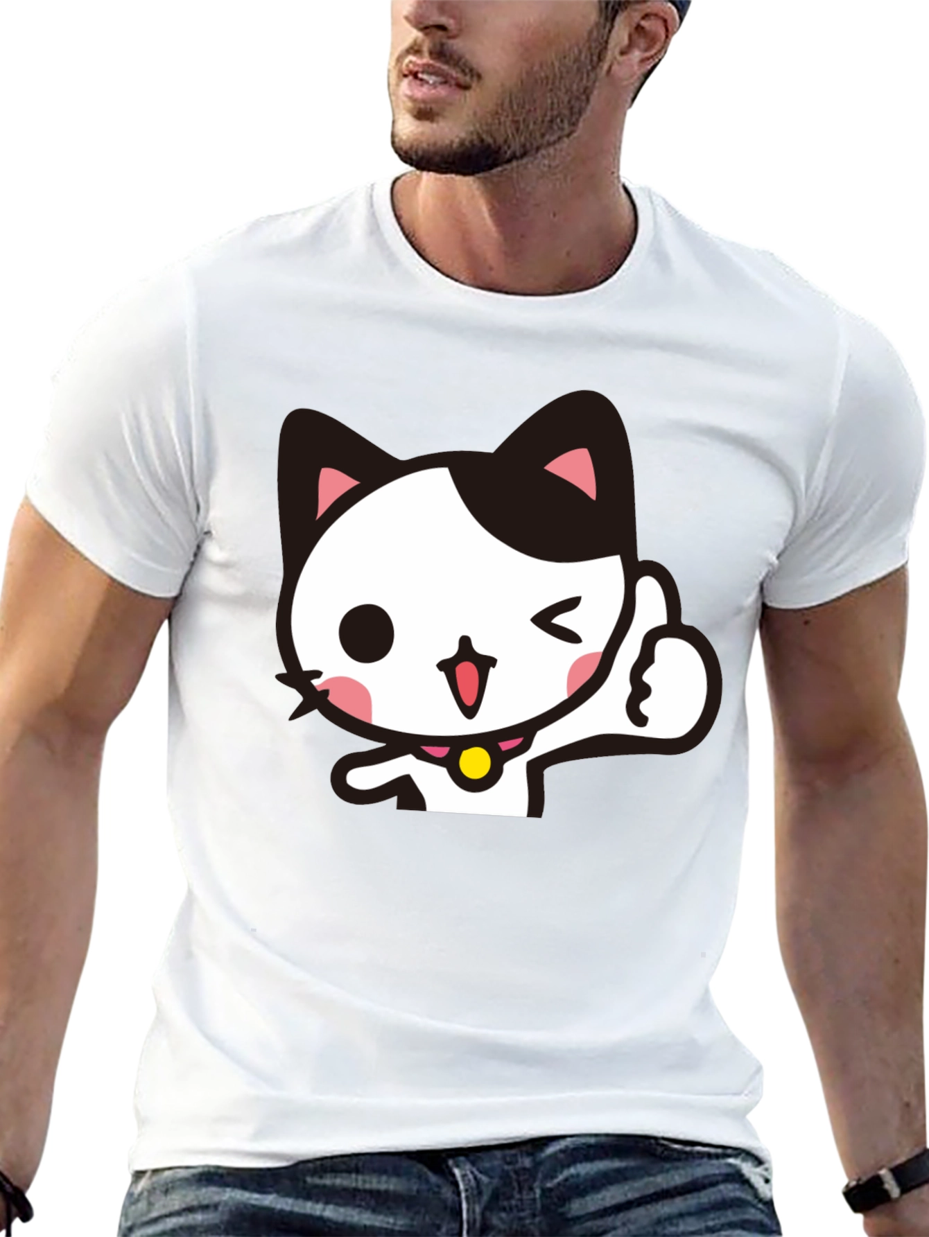 Black Cool Black T-Shirt with Cute Winking Cat Graphic view 13