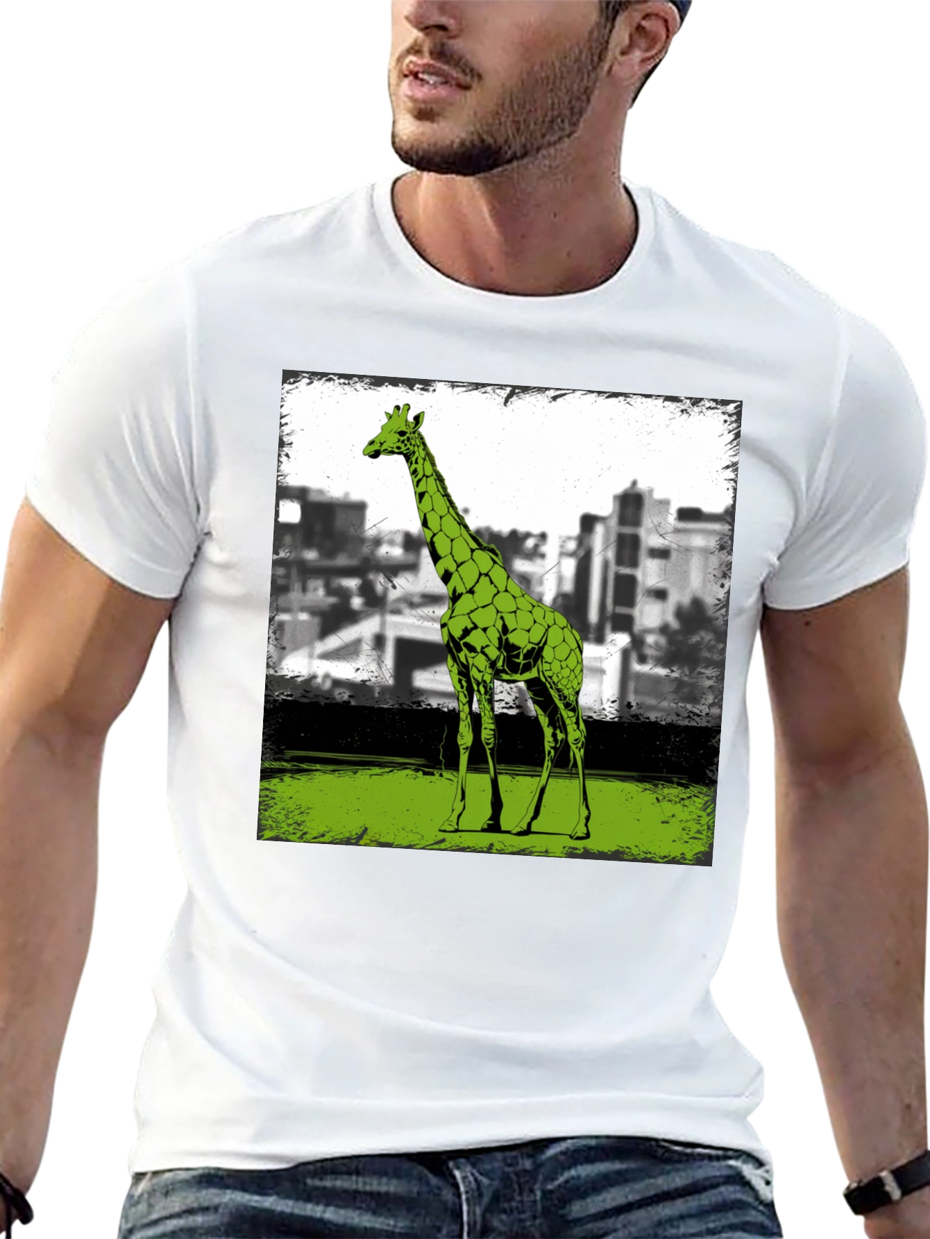 Black Giraffe Cityscape Graphic Tee - Cool Animal Print Shirt view 13