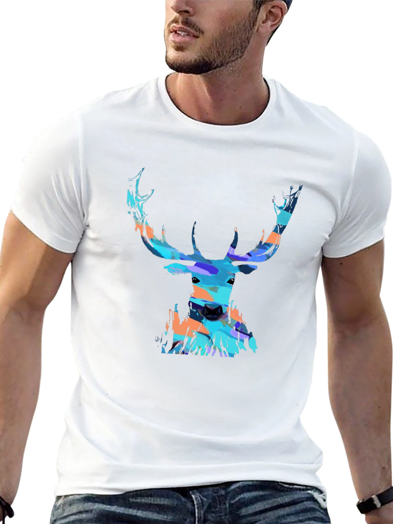 Black Abstract Deer Head Graphic Print Black T-Shirt view 13