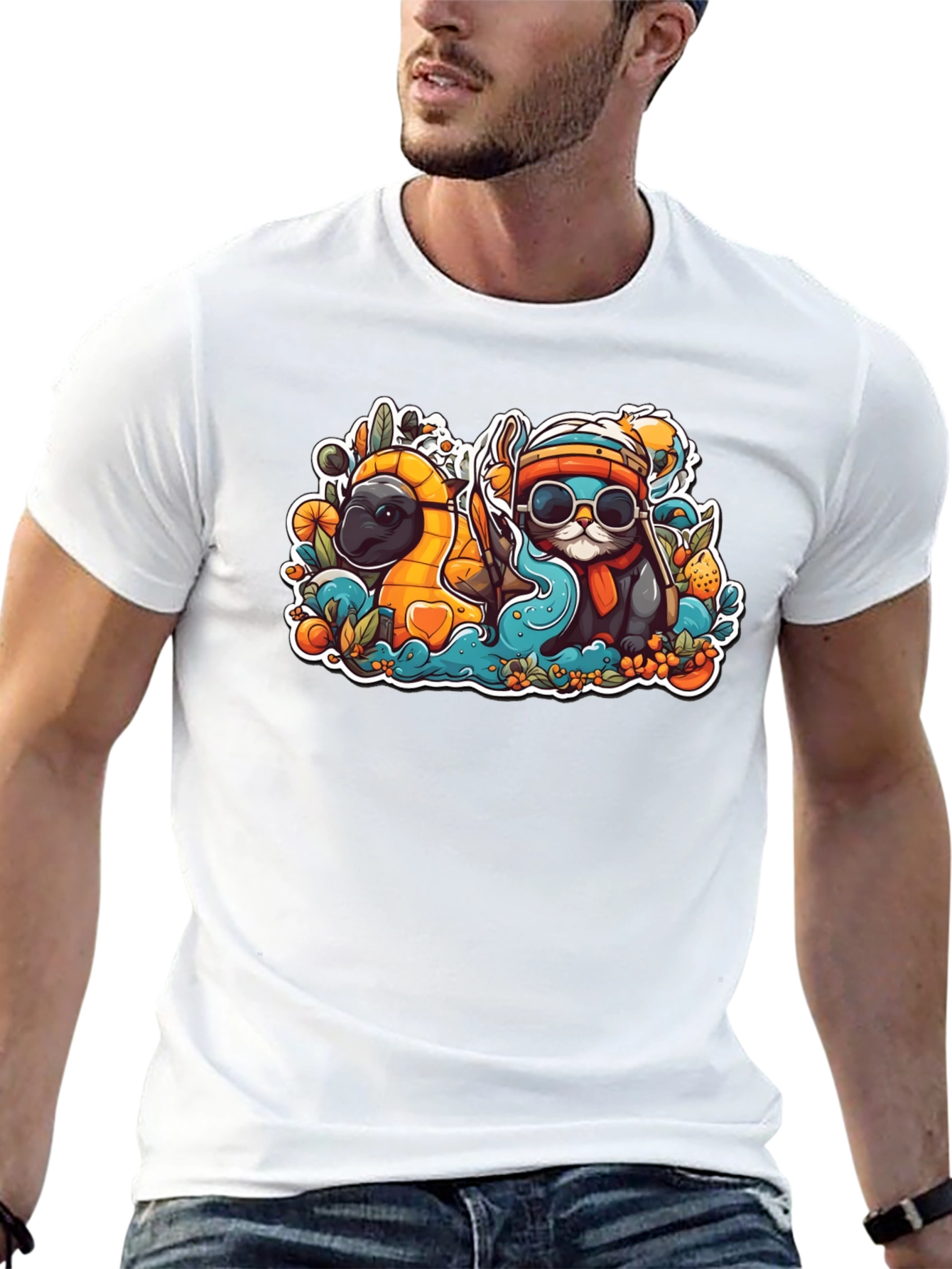 Black Cool Cartoon Otter and Platypus Black T-Shirt view 13