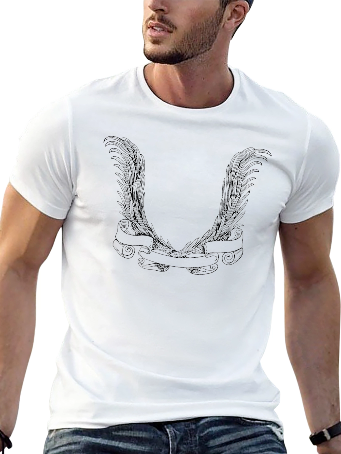 Black Men's Black Graphic Tee - Wings & Banner Design view 13