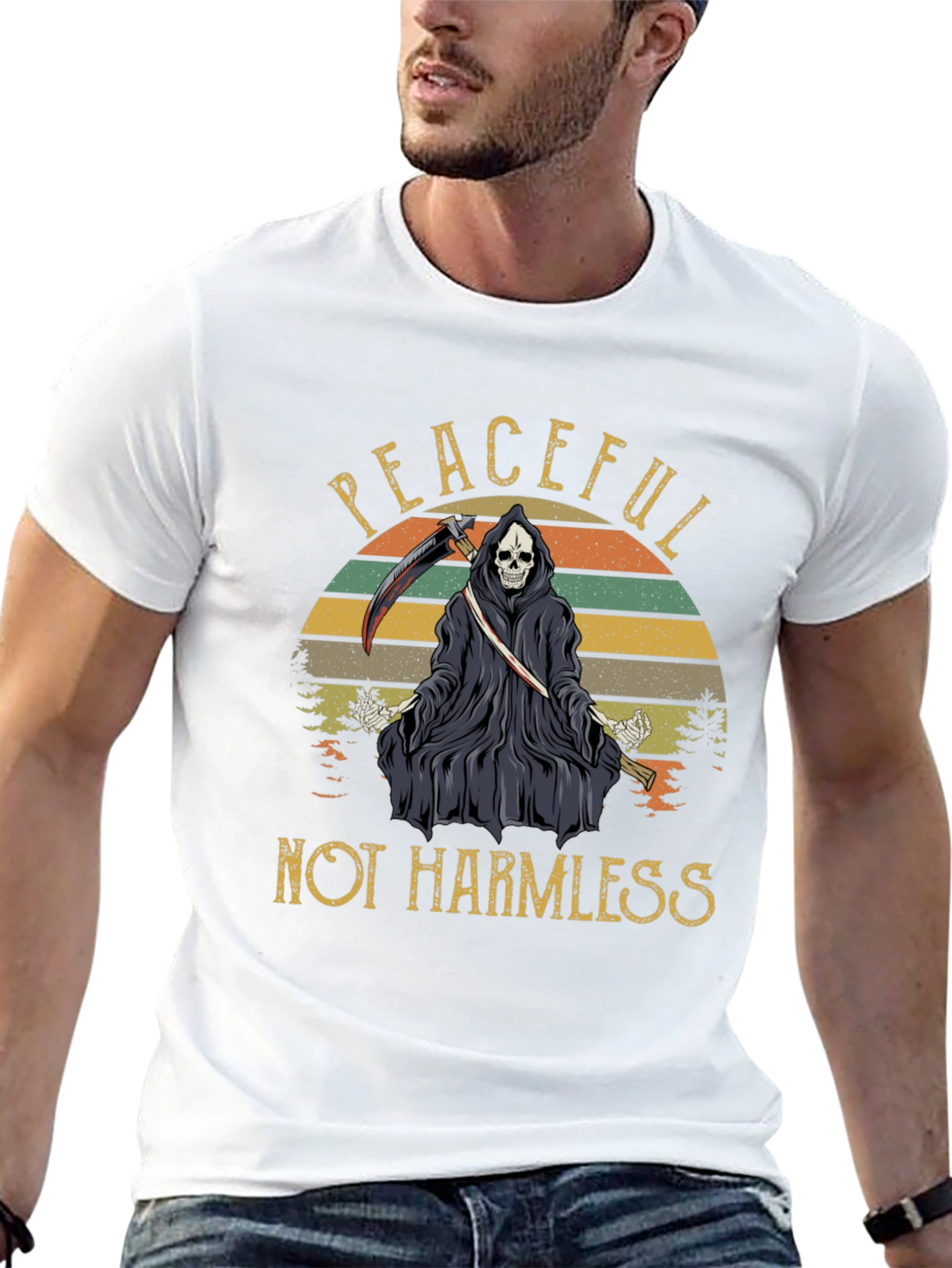 Black Peaceful Not Harmless Grim Reaper Graphic T-Shirt view 13