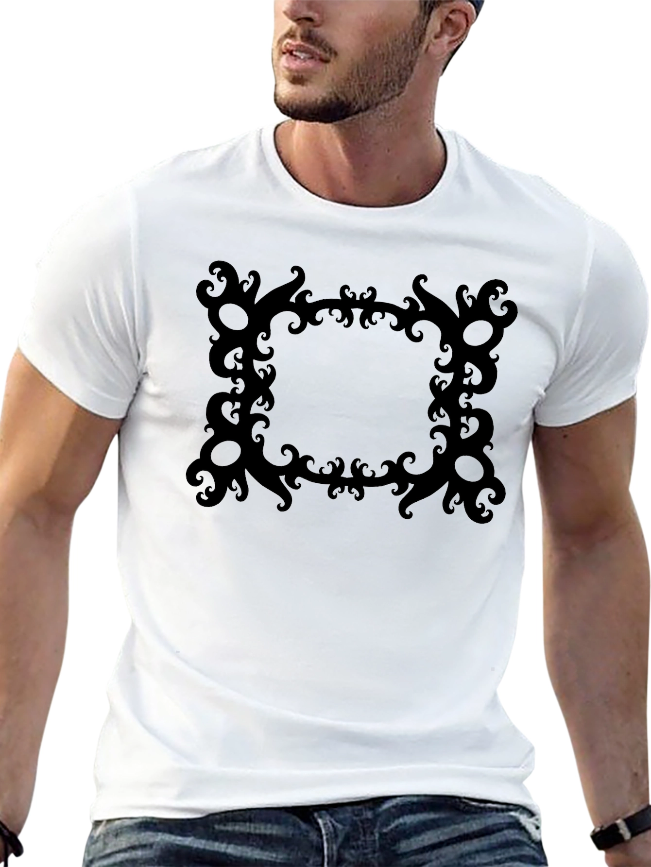 Black Stylish Black Tee with Ornate Square Graphic view 13