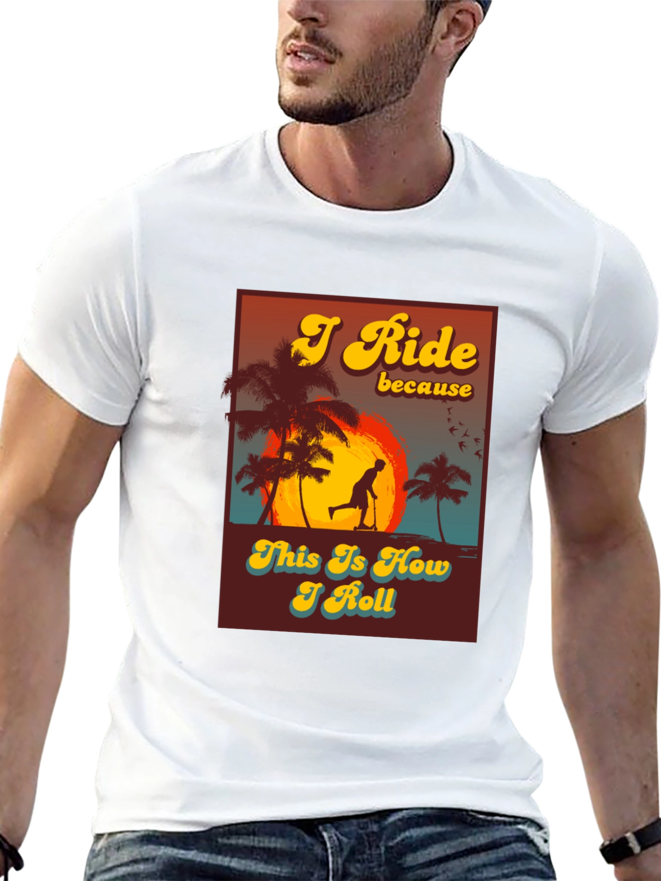 Black I Ride Scooter Tee - Retro Sunset Design view 13