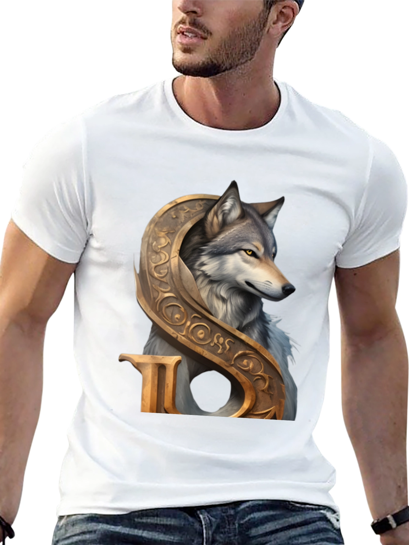 Black Wolf and Ornamental Letter T-Shirt view 13
