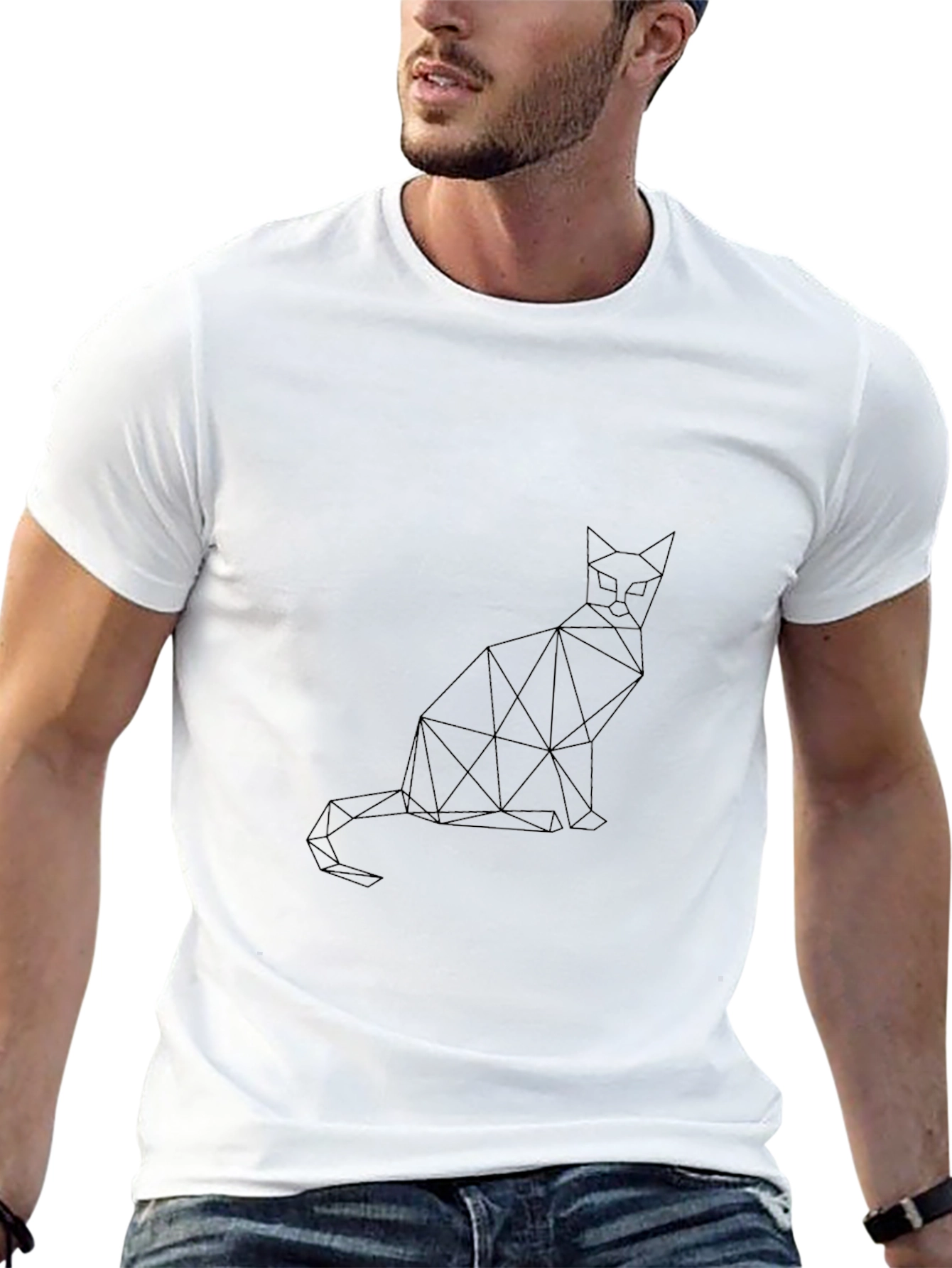 Black Geometric Cat T-Shirt - Minimalist Design view 13