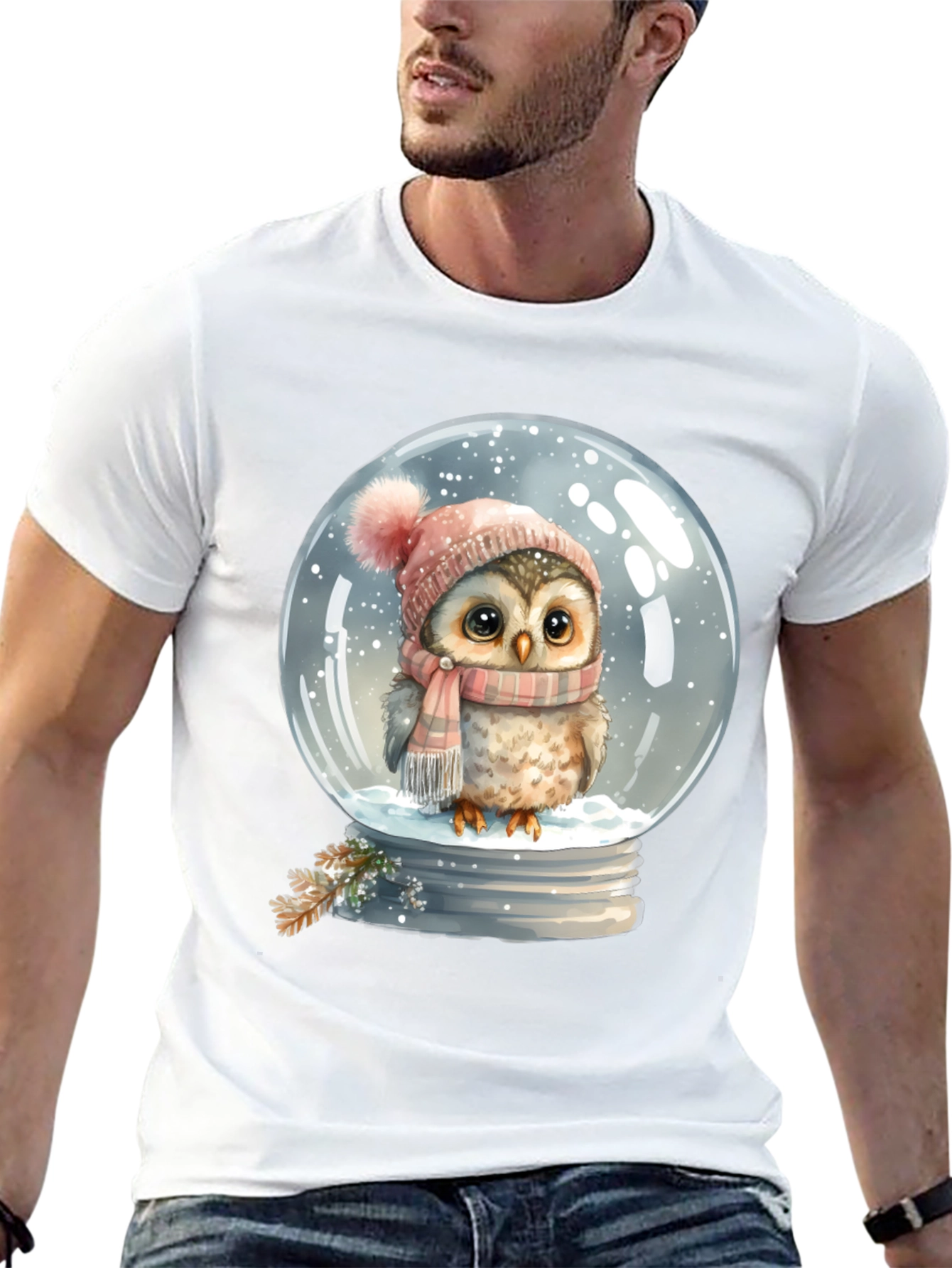 Winter Owl in Snow Globe Black T-Shirt - 13