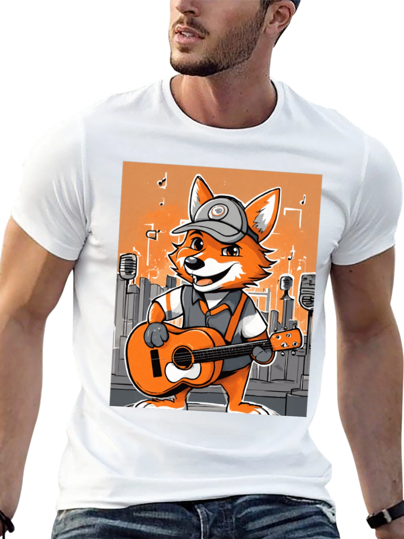 Black Cartoon Fox Musician Graphic Tee view 13