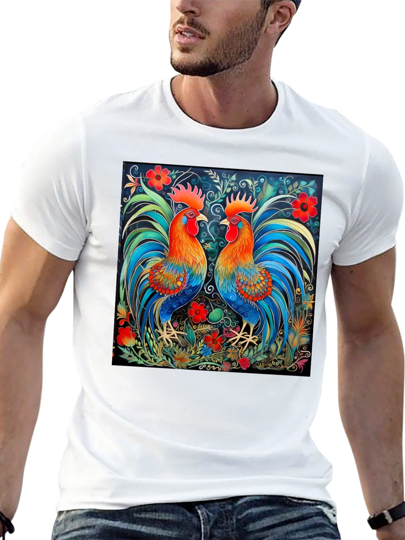 Black Rooster Art Print Black T-Shirt - Stylish Graphic Tee view 13