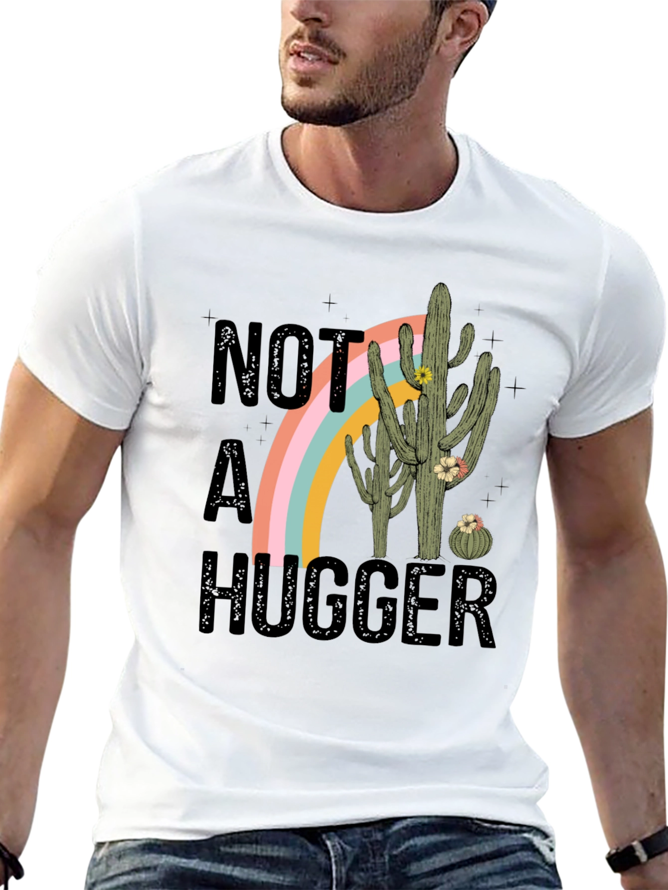 Black Not a Hugger Cactus Rainbow Graphic Tee view 13