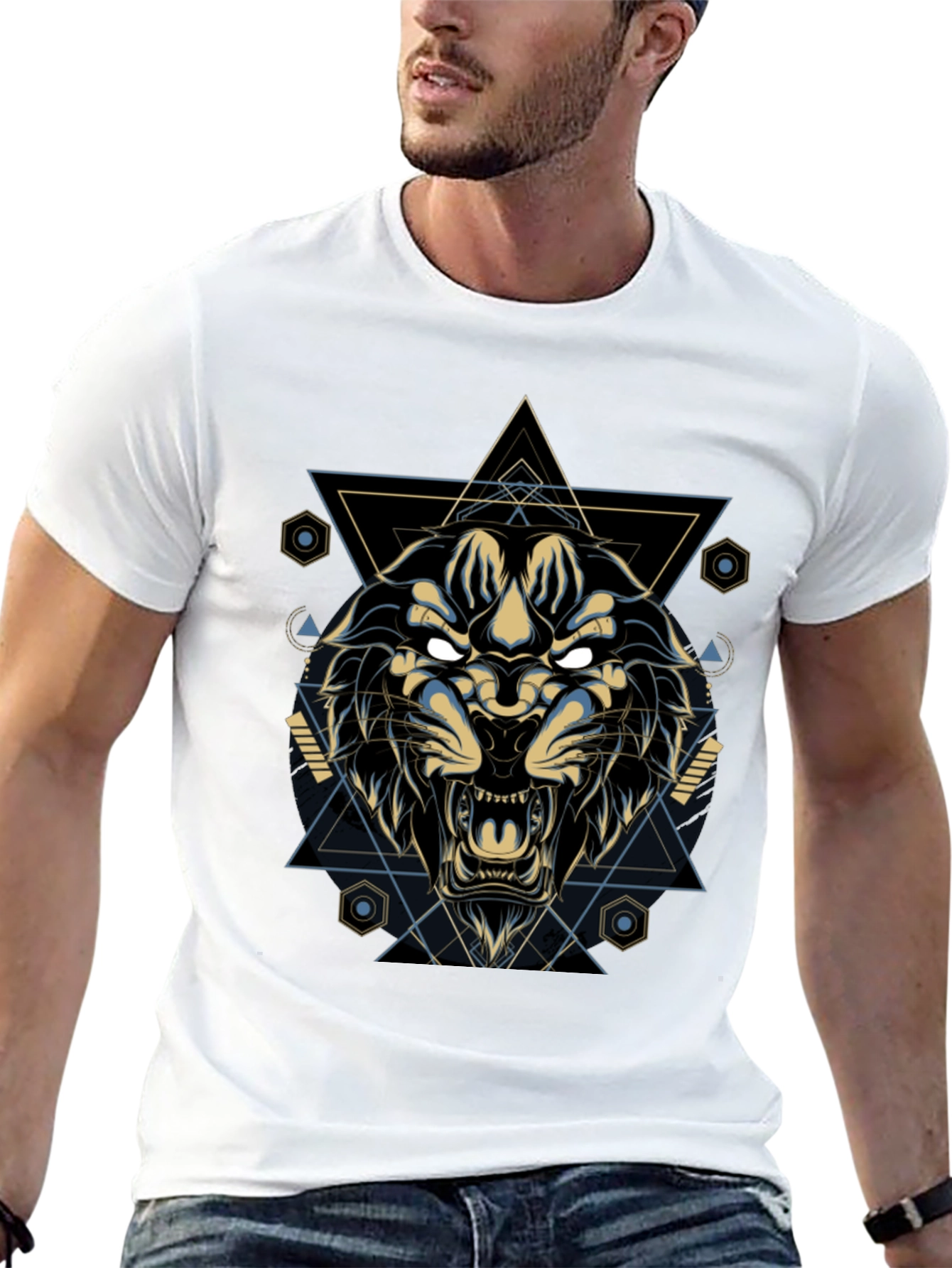 Black Geometric Lion Graphic Tee - Cool & Stylish view 13