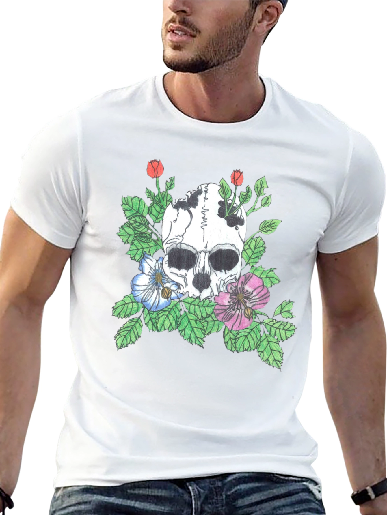 Black Skull Floral Graphic Tee - Stylish Black T-Shirt view 13