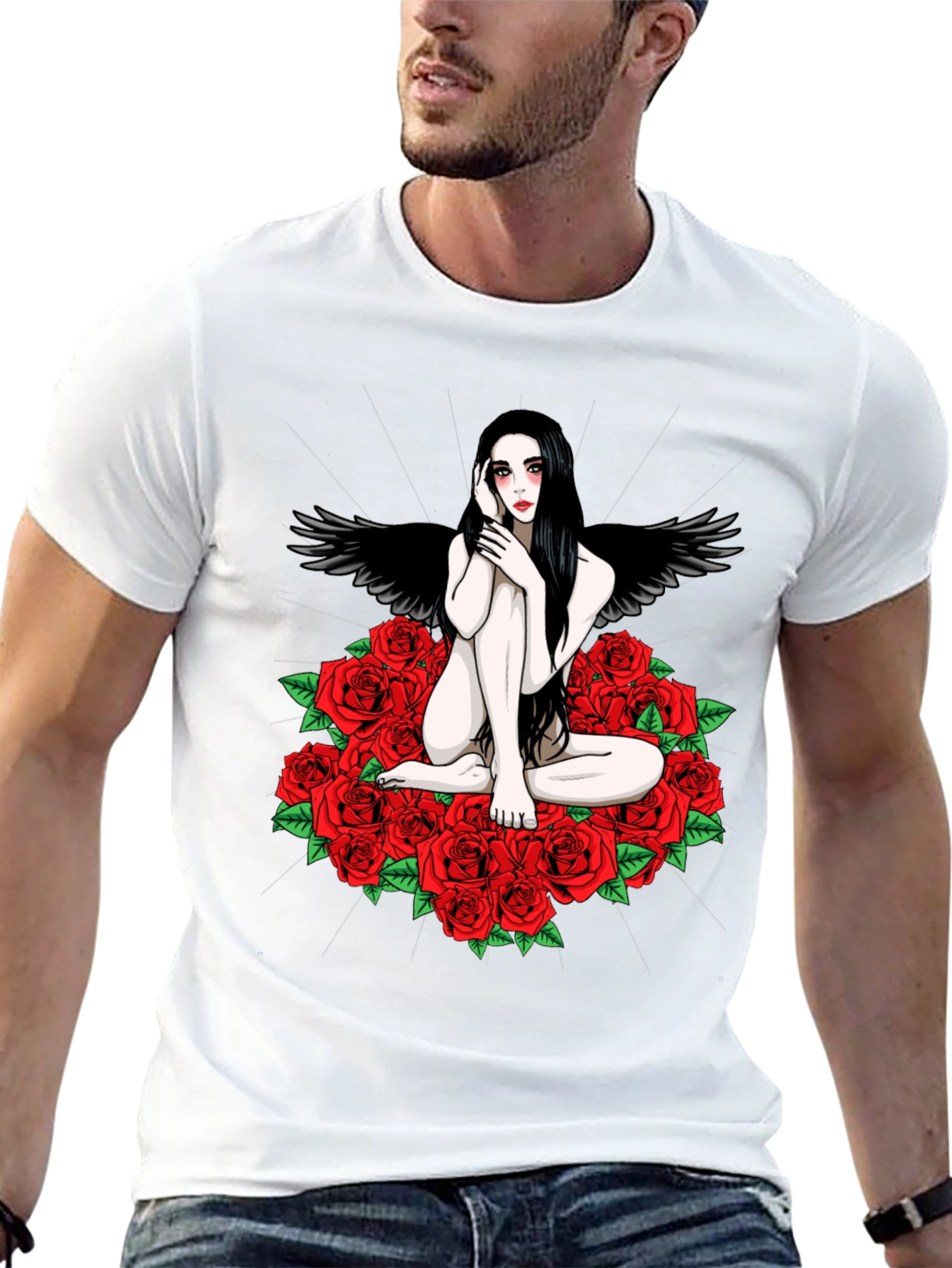 Black Gothic Angel Rose T-Shirt - Dark Fantasy Tee view 13