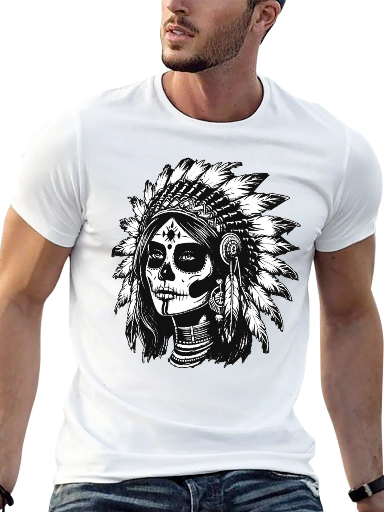 Black Skull Indian Headdress Graphic Tee - Black view 13