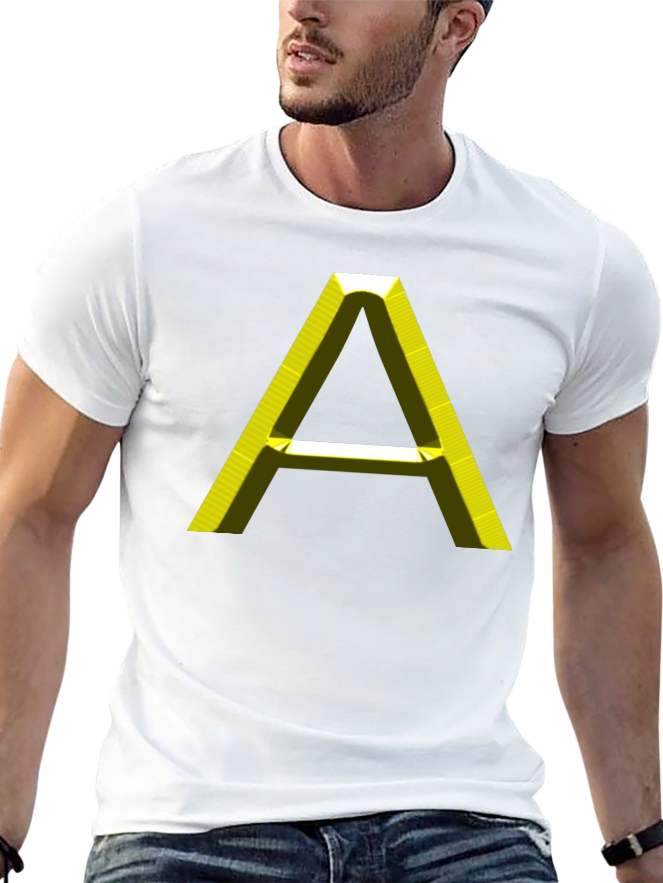 Black Men's Black T-Shirt with 3D Yellow "A" Graphic view 13