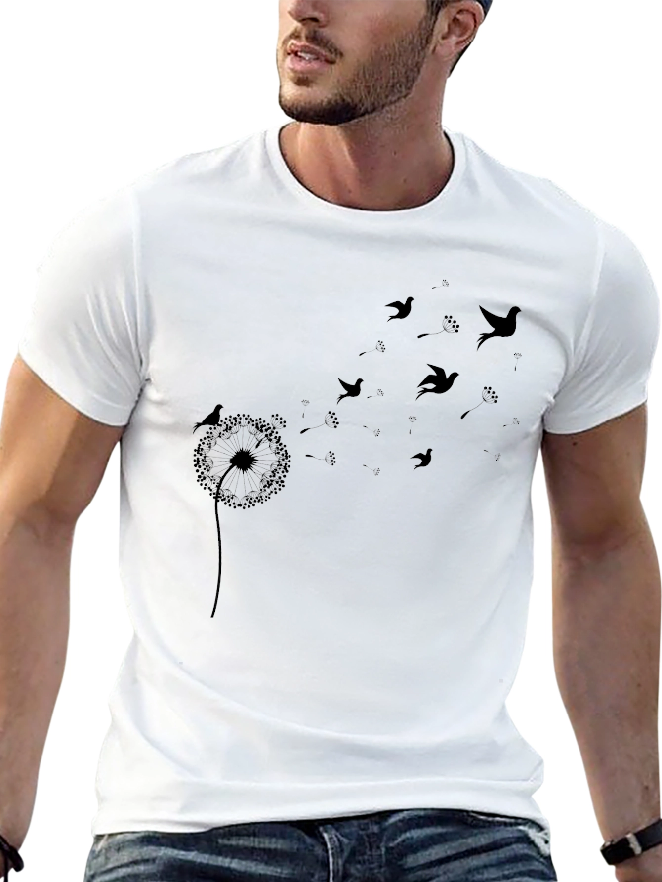 Black Dandelion Bird Print Black T-Shirt view 13