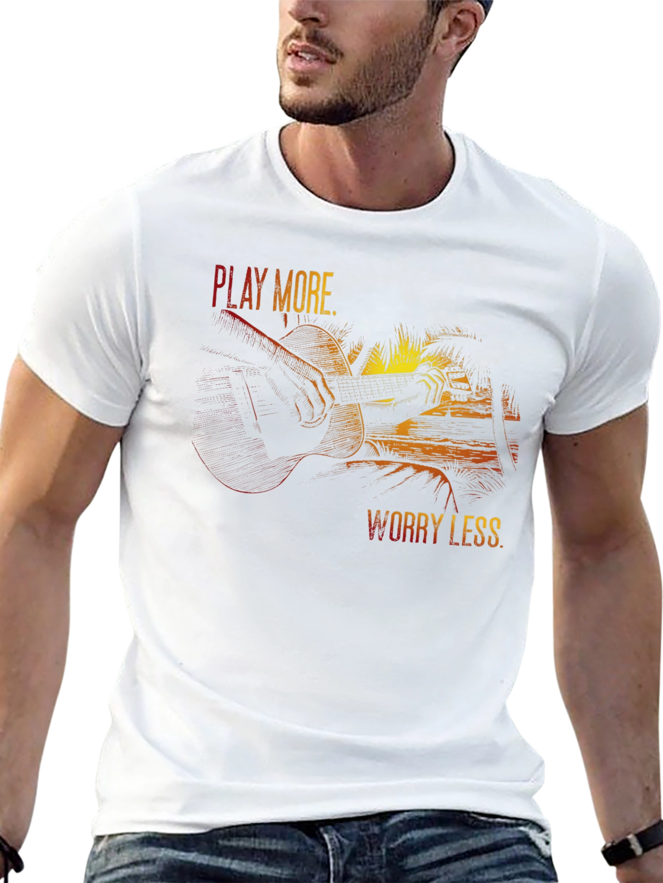 Black Play More Worry Less T-Shirt - Guitar & Beach Design view 13