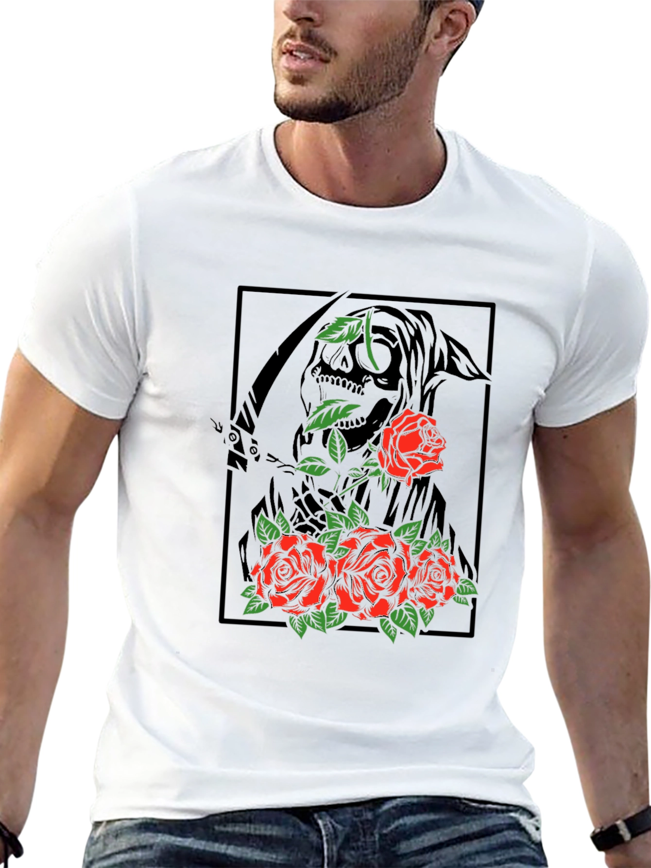 Black Grim Reaper Roses Graphic Print T-Shirt view 13