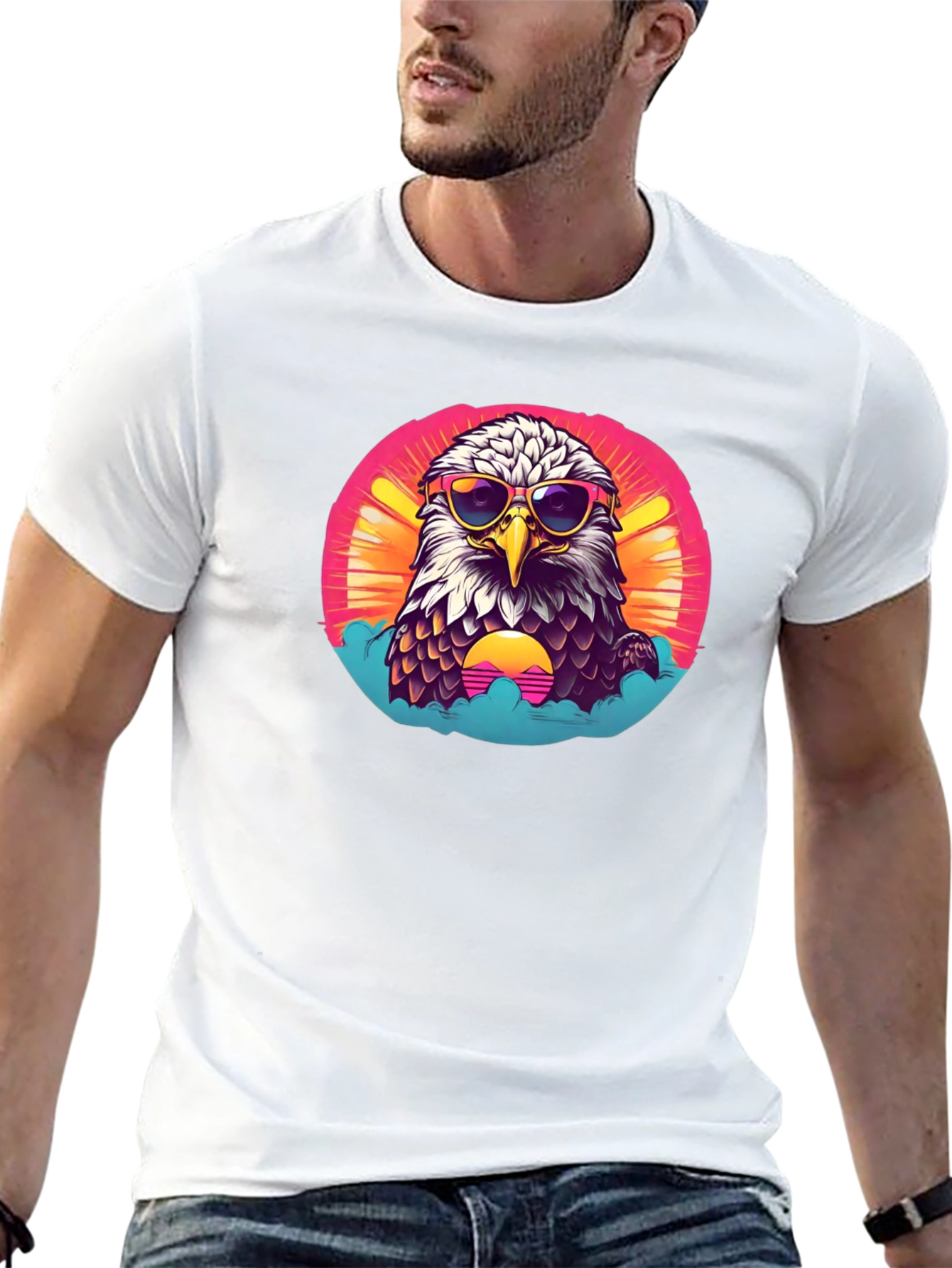 Black Cool Eagle Graphic Tee - Retro Sunset Design view 13
