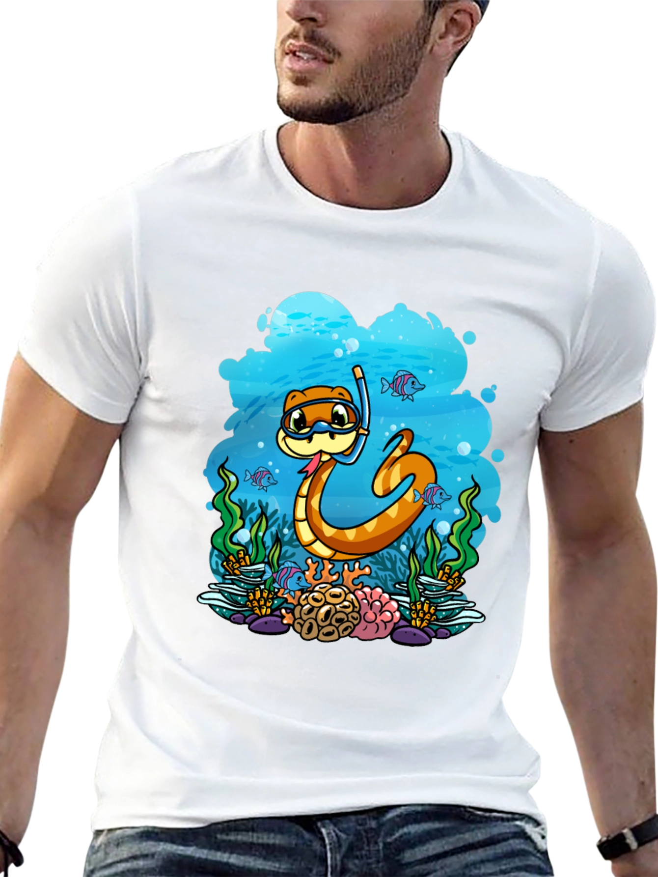 Black Cartoon Snorkeling Snake Graphic Tee view 13