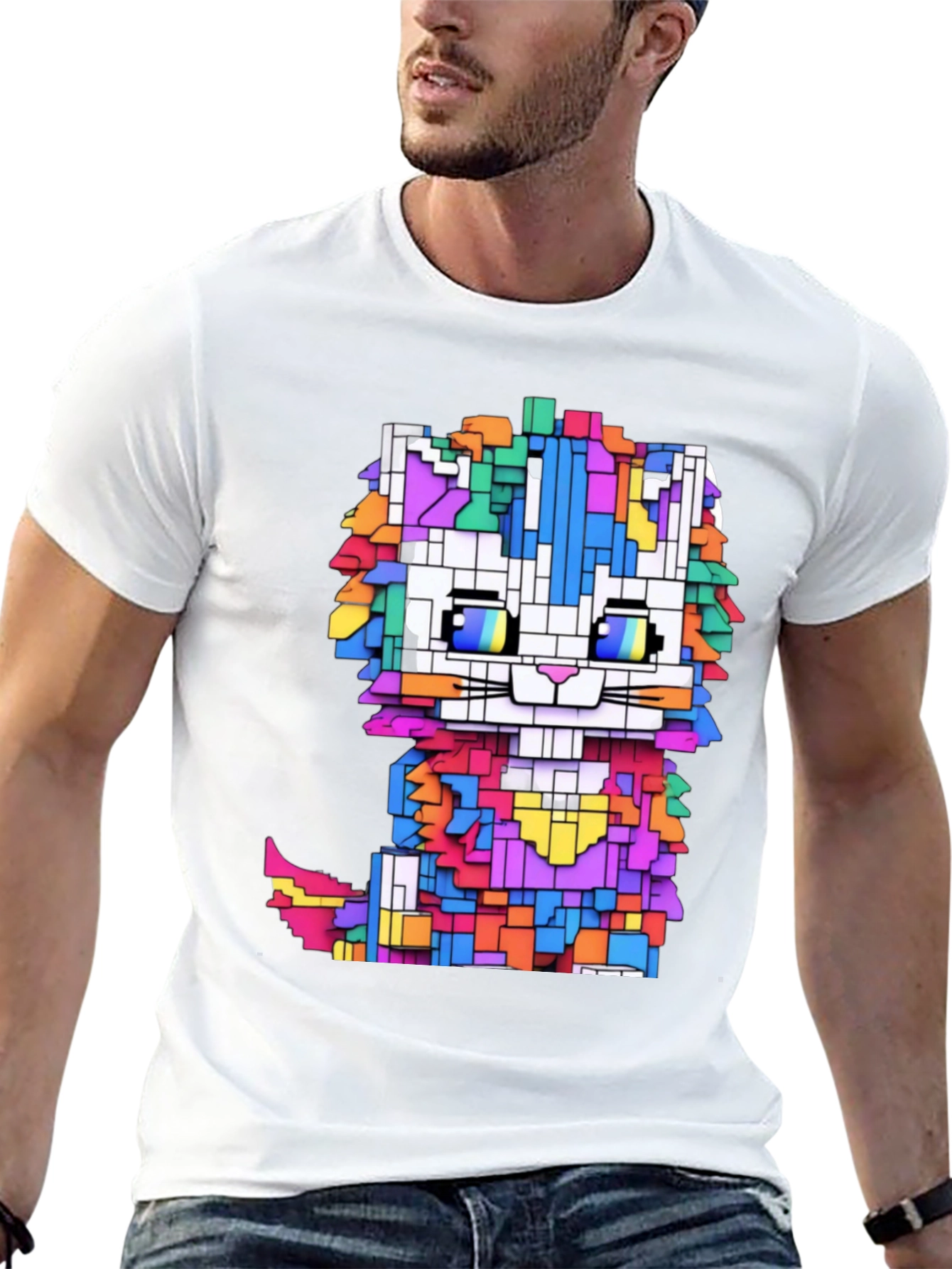 Black Pixel Cat T-Shirt - Funky Geometric Design view 13