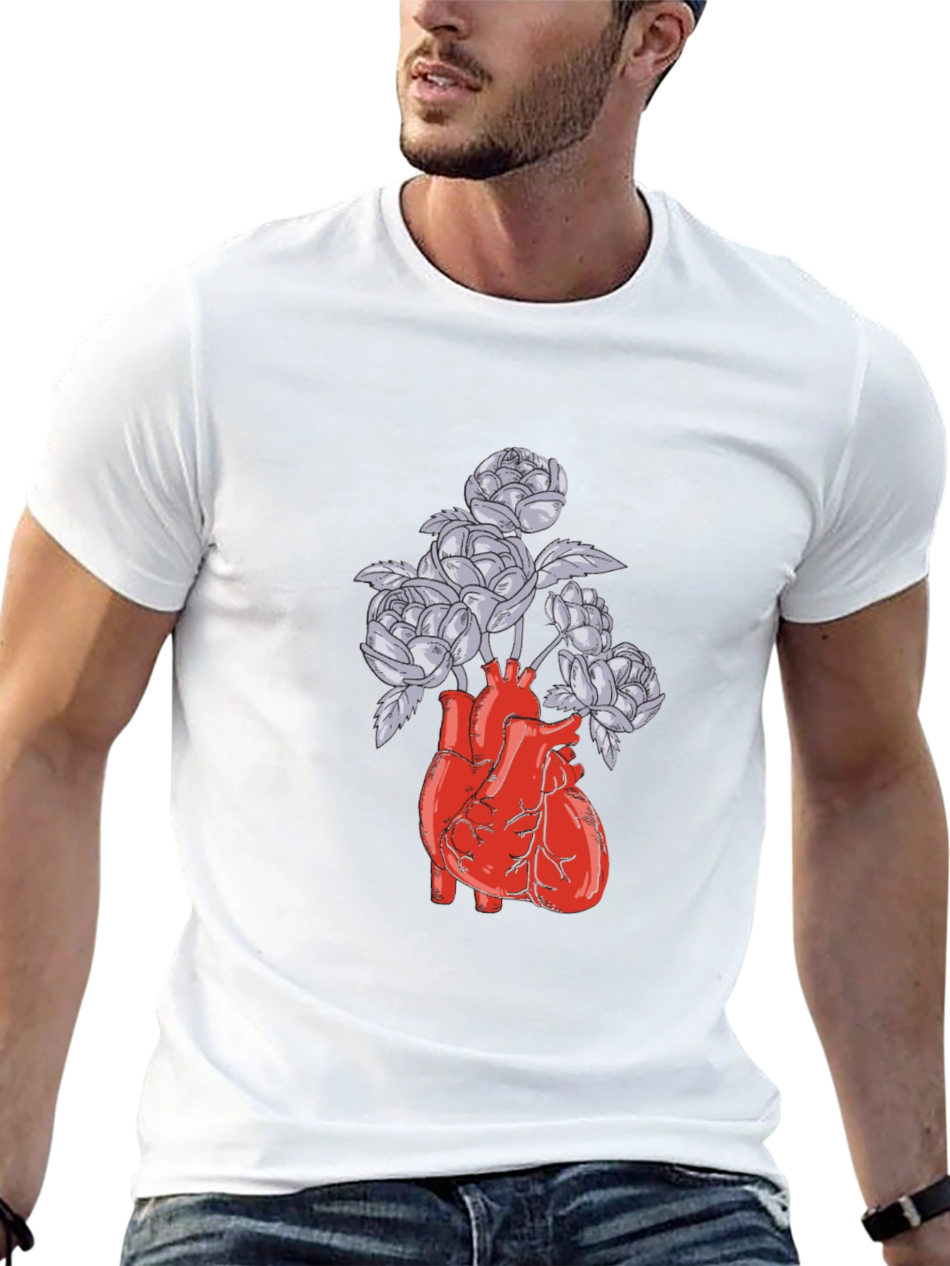 Black Anatomical Heart and Flowers Graphic T-Shirt view 13