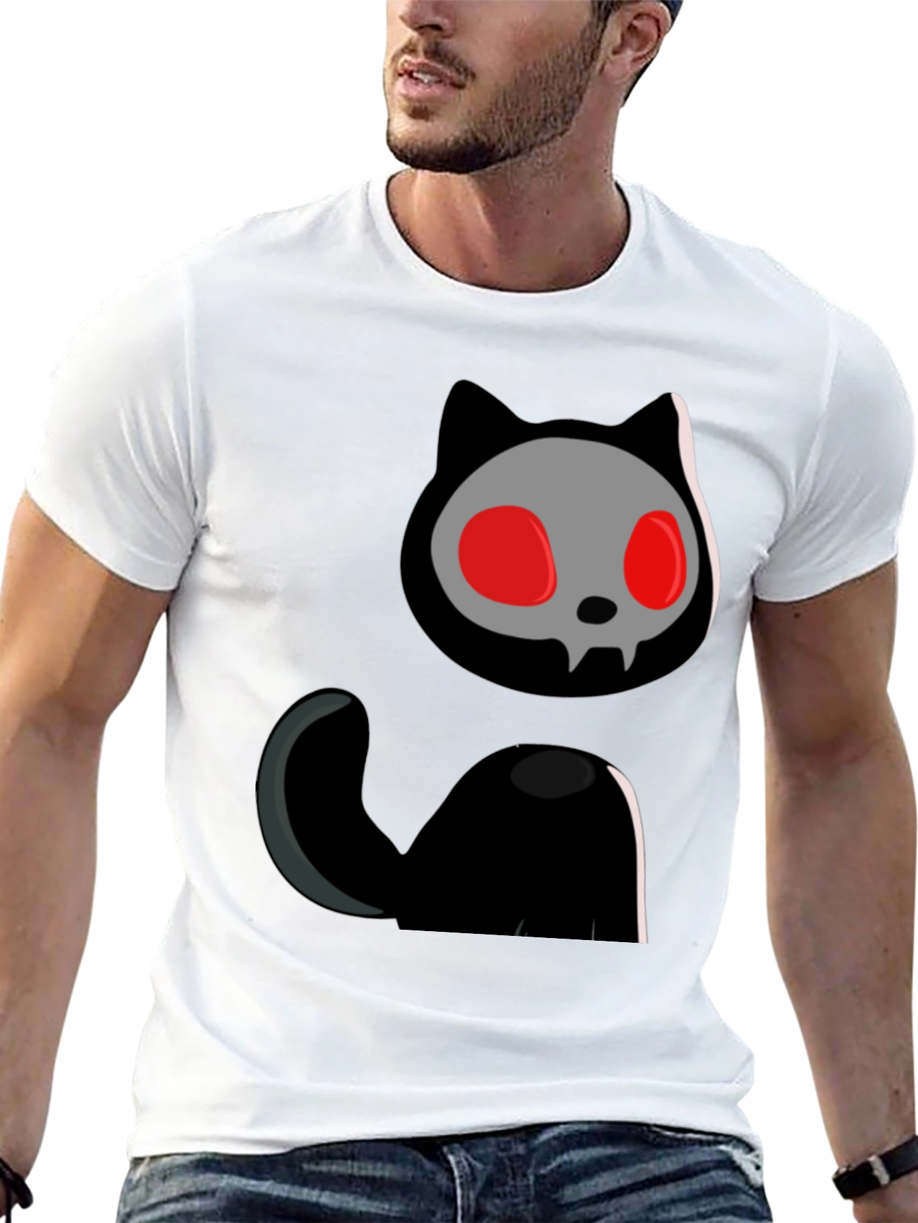 Black Skull Cat Graphic Tee - Black Cotton T-Shirt view 13