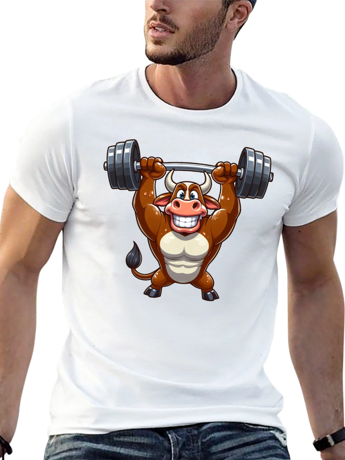 Black Funny Bull Lifting Weights T-Shirt view 13