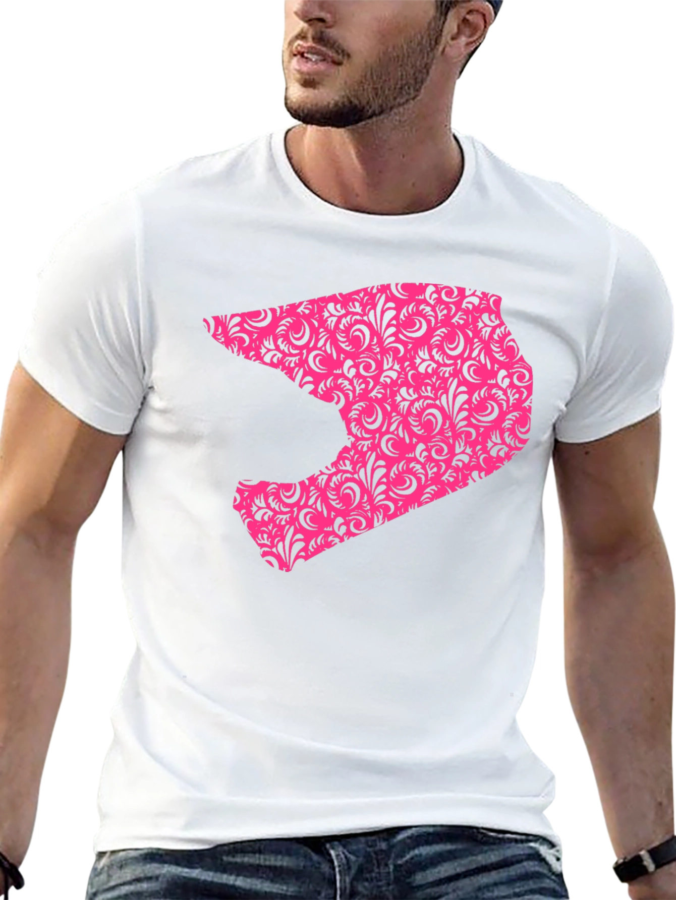 Black Men's Black T-shirt with Pink Helmet Design view 13