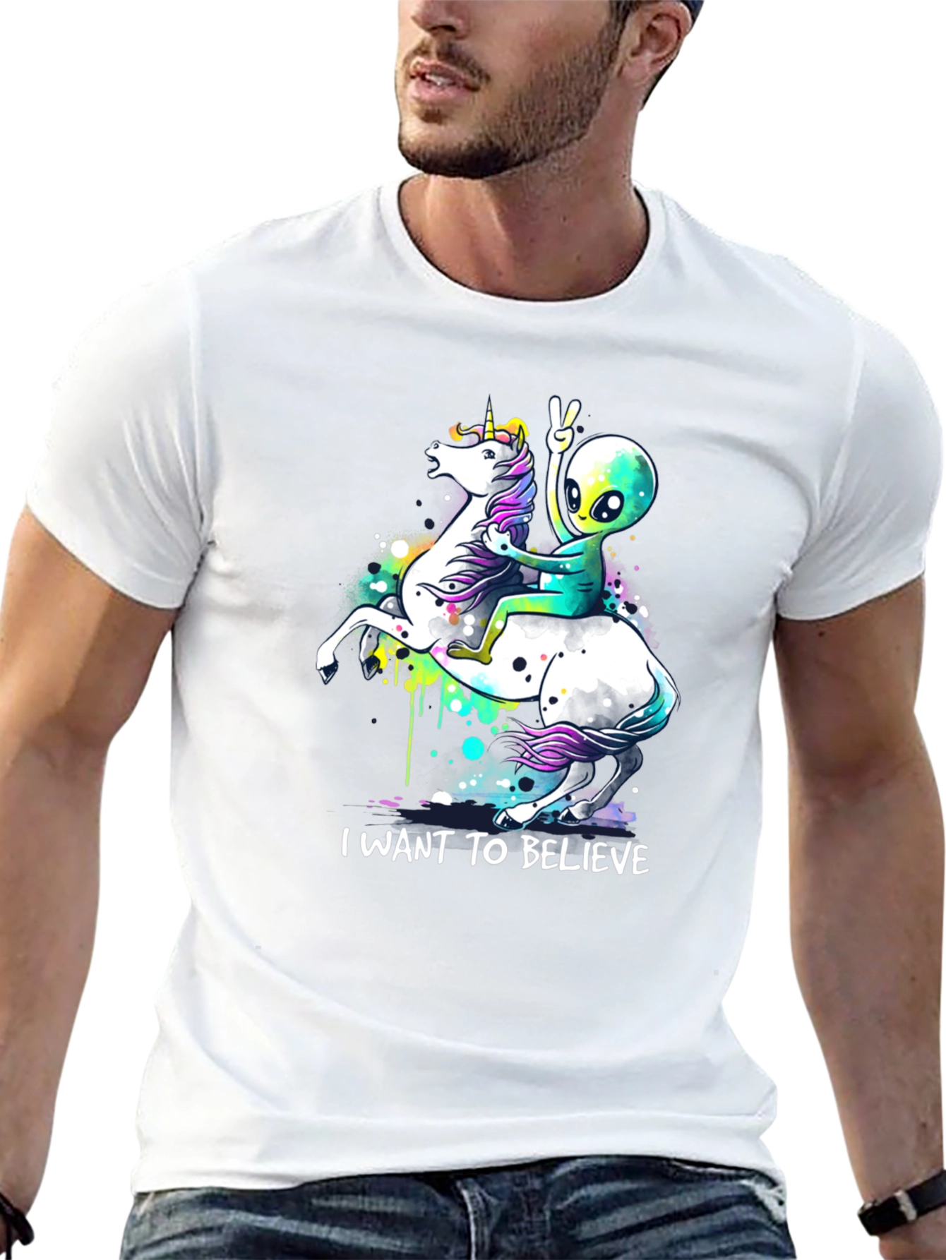 Black Alien Riding Unicorn T-Shirt - I Want To Believe view 13