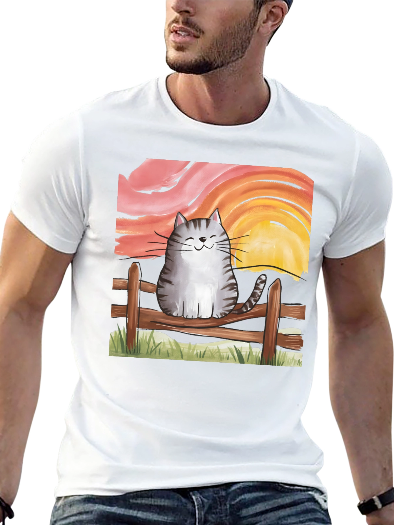 Black Cat on Fence Sunset Graphic Tee view 13