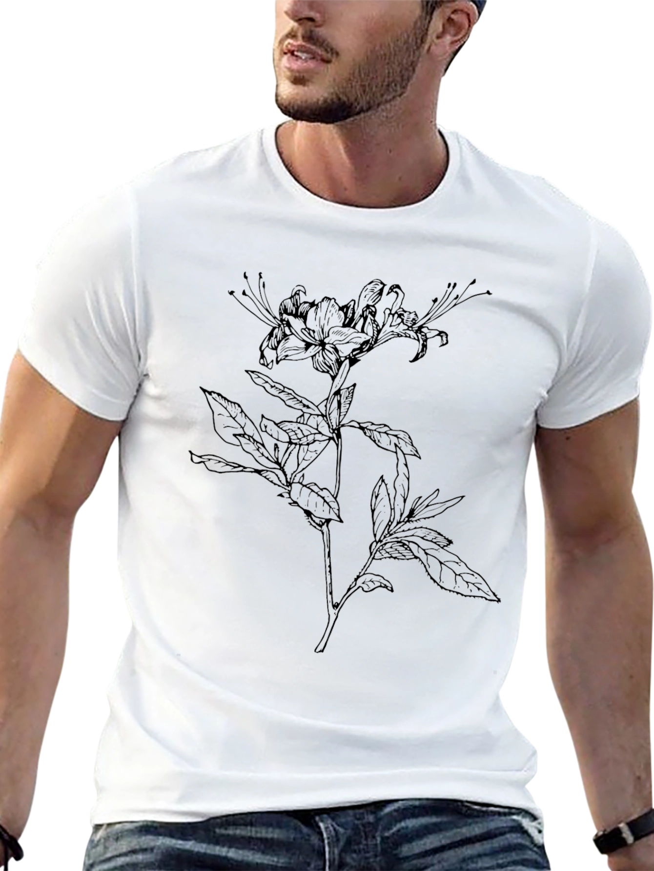Black Botanical Line Art Tee - Stylish Floral T-Shirt view 13