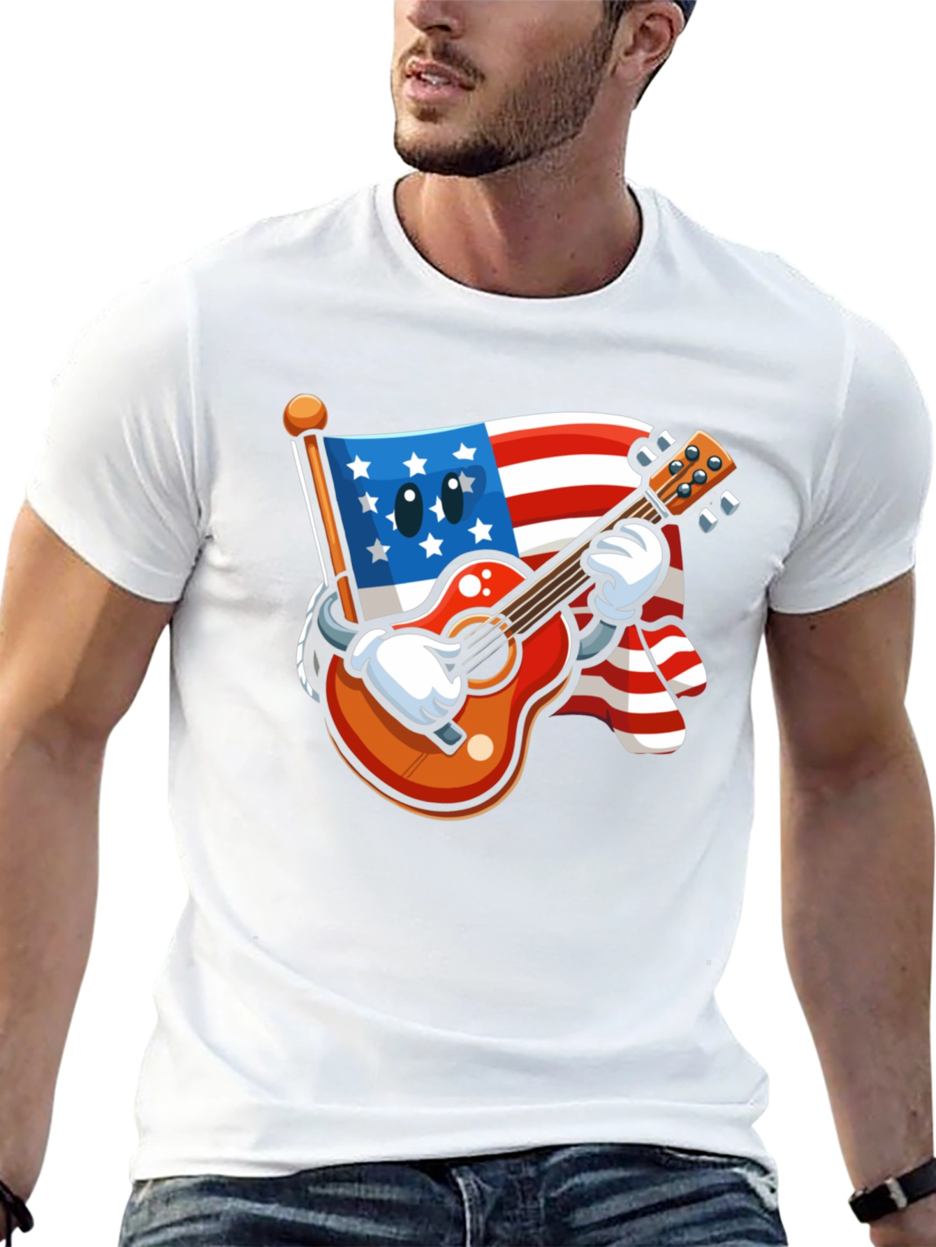 Black USA Flag Guitar T-Shirt - Patriotic Cartoon Design view 13