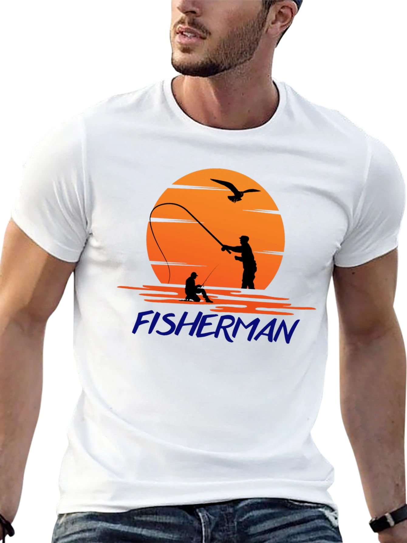 Black Fisherman Silhouette Graphic T-Shirt - Unisex Black Tee view 13