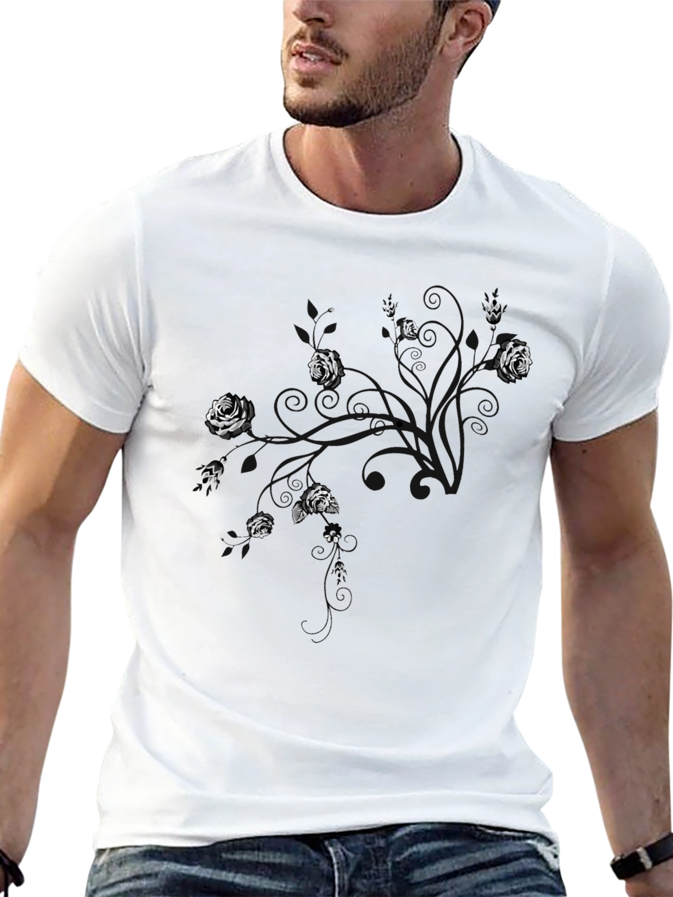 Black Men's Black T-Shirt with Floral Abstract Design view 13