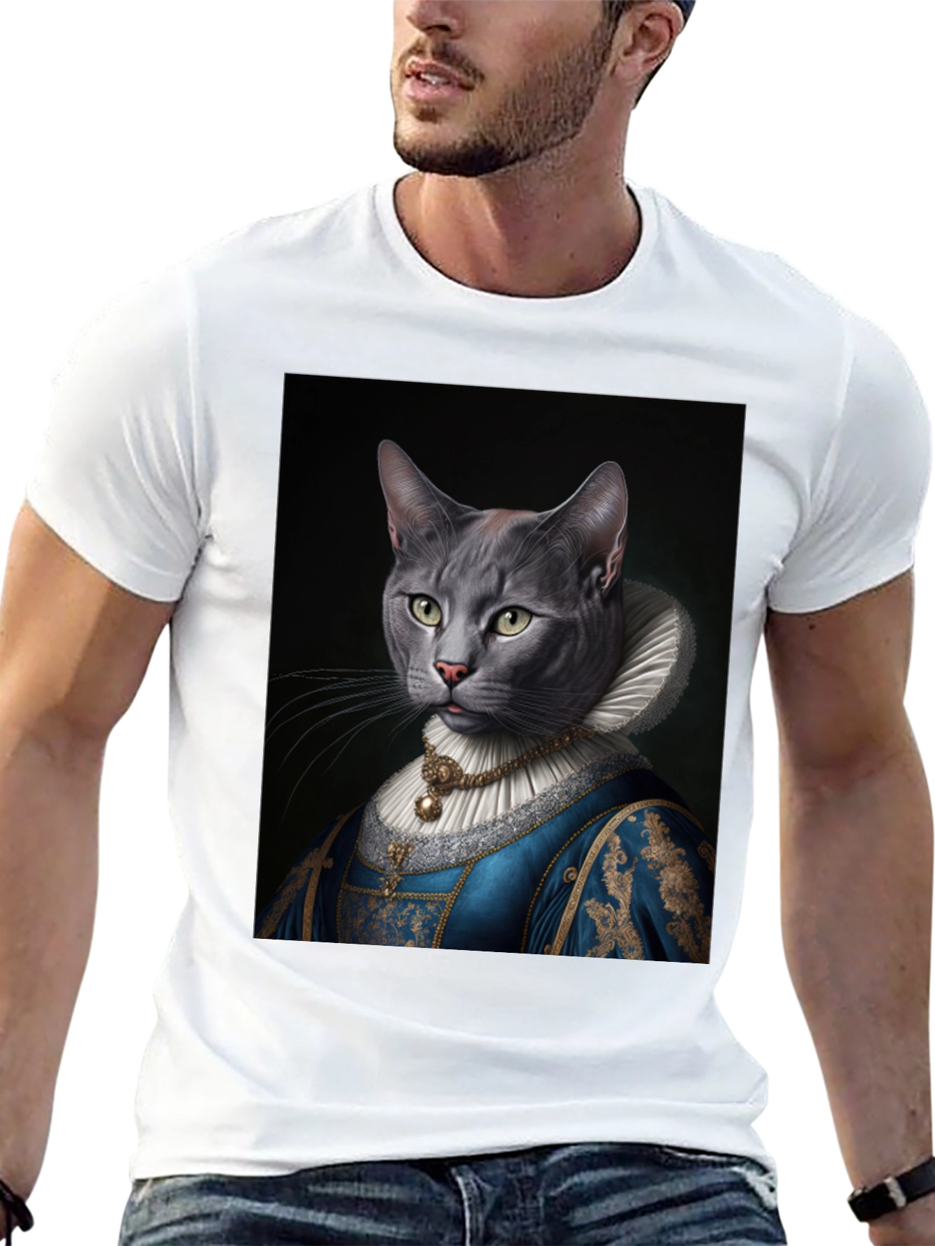 Black Royal Cat Portrait T-Shirt - Quirky Renaissance Style view 13