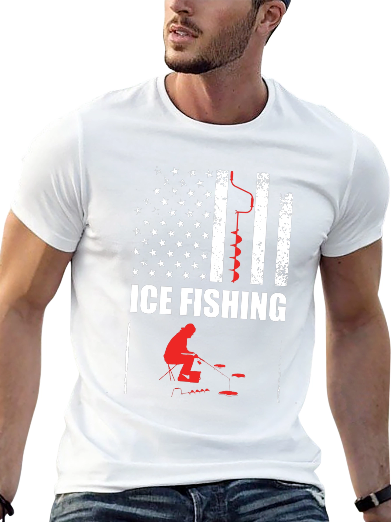 Black Ice Fishing American Flag Graphic T-Shirt view 13