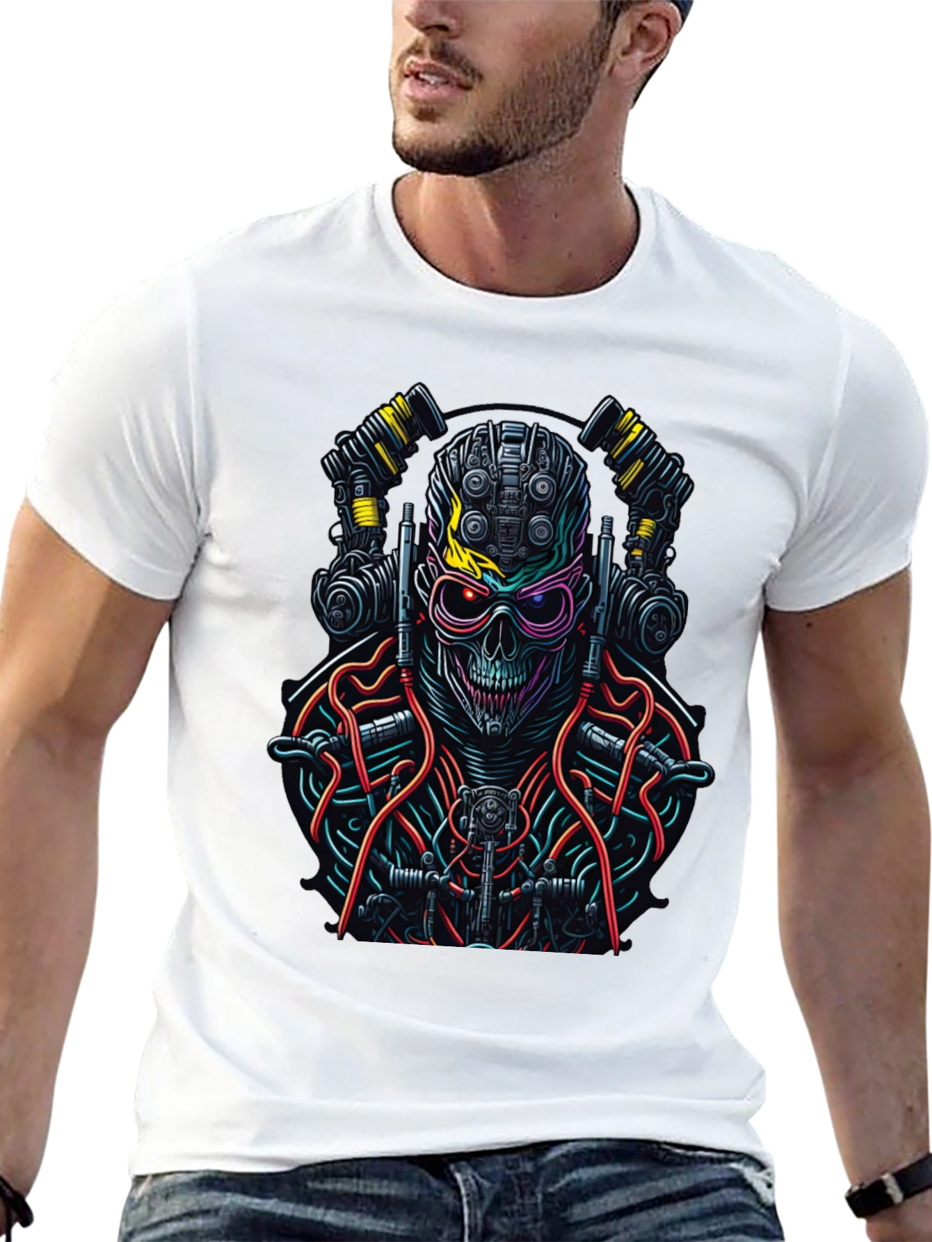 Black Cyberpunk Skull Graphic Tee - Unique Robot Skeleton Design view 13