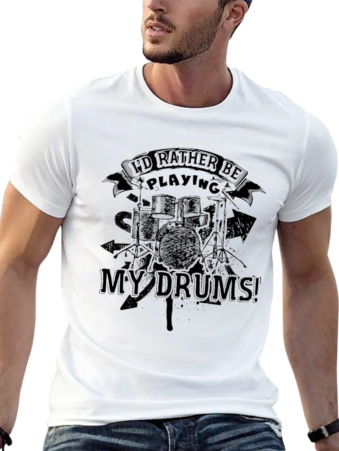 Black I'd Rather Be Playing My Drums Black T-Shirt view 13