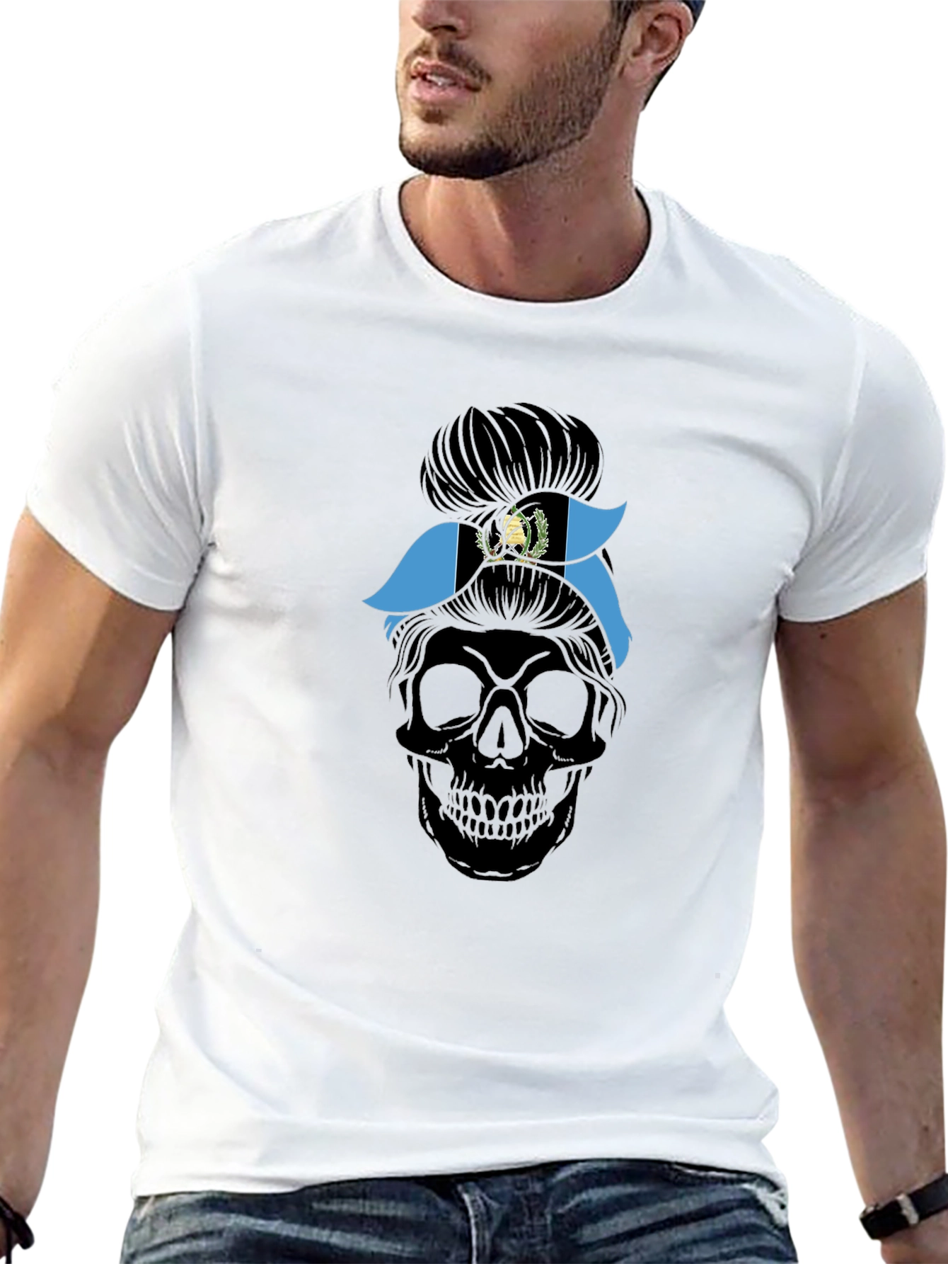 Guatemala Flag Messy Bun Skull T-Shirt - 13