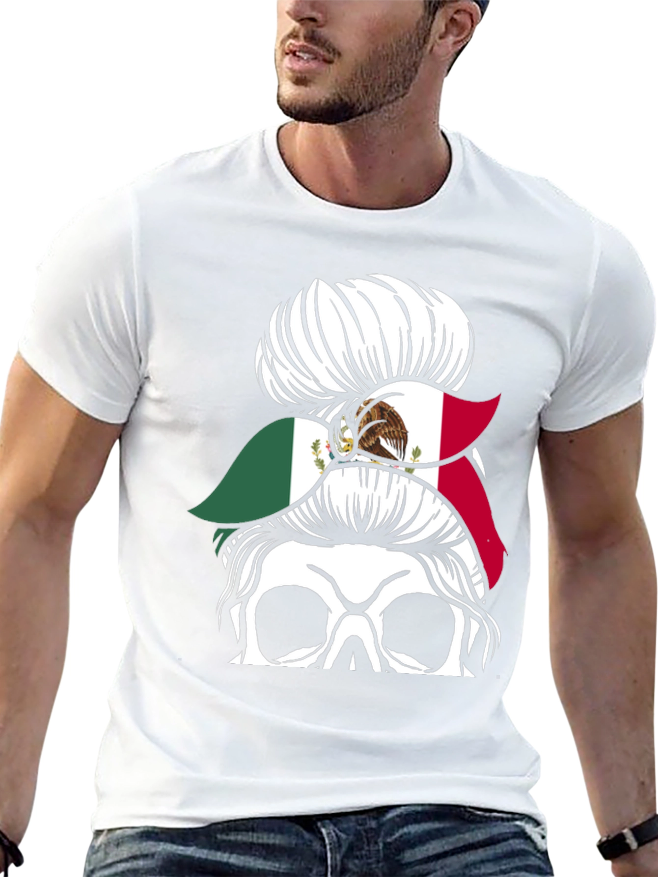 Mexican Flag Skull Messy Bun T-Shirt - 13